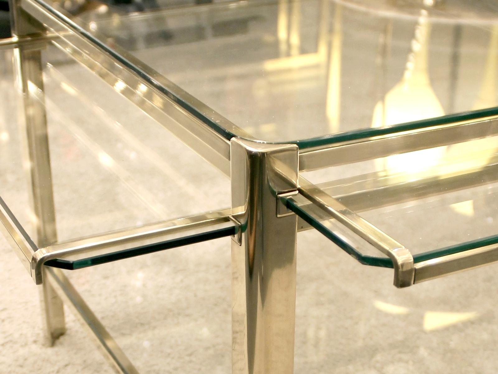 Modern Coffee Table with Four Pulls in Bronze and Glass, Jacques Quinet, France, 1960