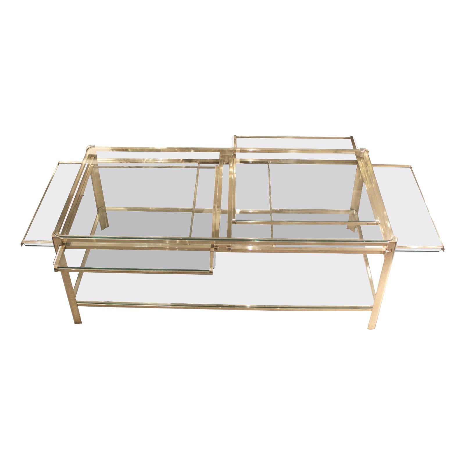 Coffee Table with Four Pulls in Bronze and Glass, Jacques Quinet, France, 1960
