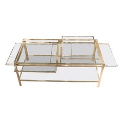 Vintage Coffee Table with Four Pulls in Bronze and Glass, Jacques Quinet, France, 1960