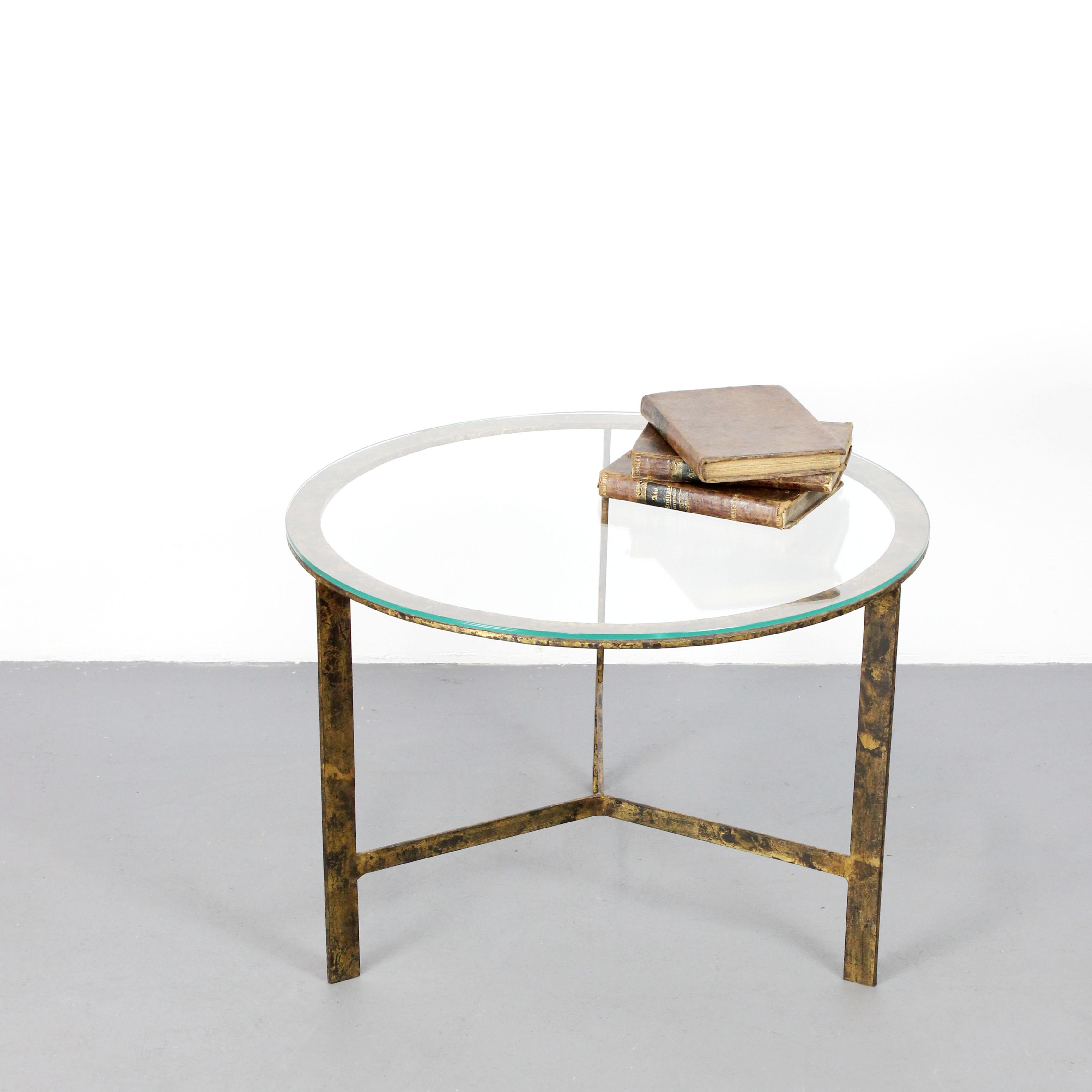 Glass Coffee table with gilded iron frame and glass top - c. 1960 For Sale