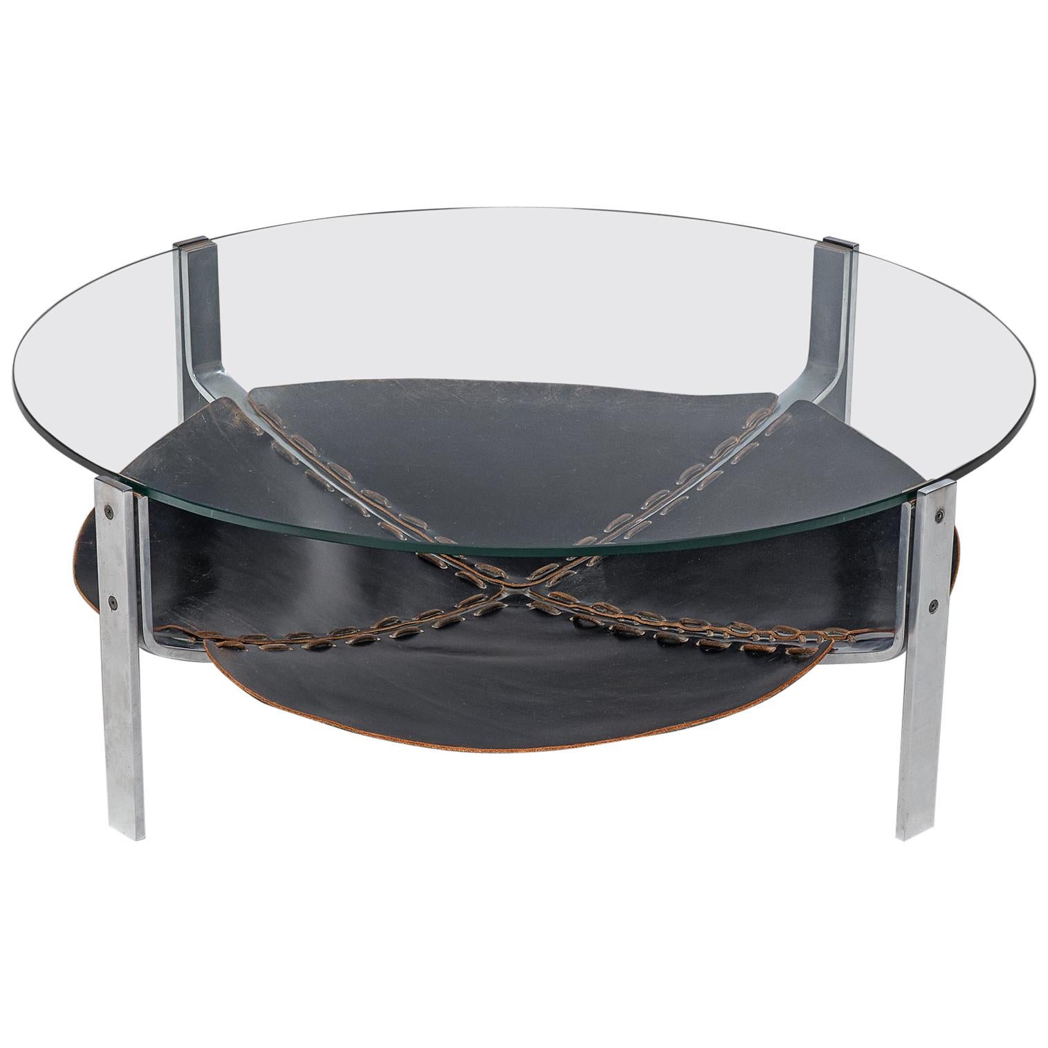 Coffee Table with Glass Top and Leather Inlay