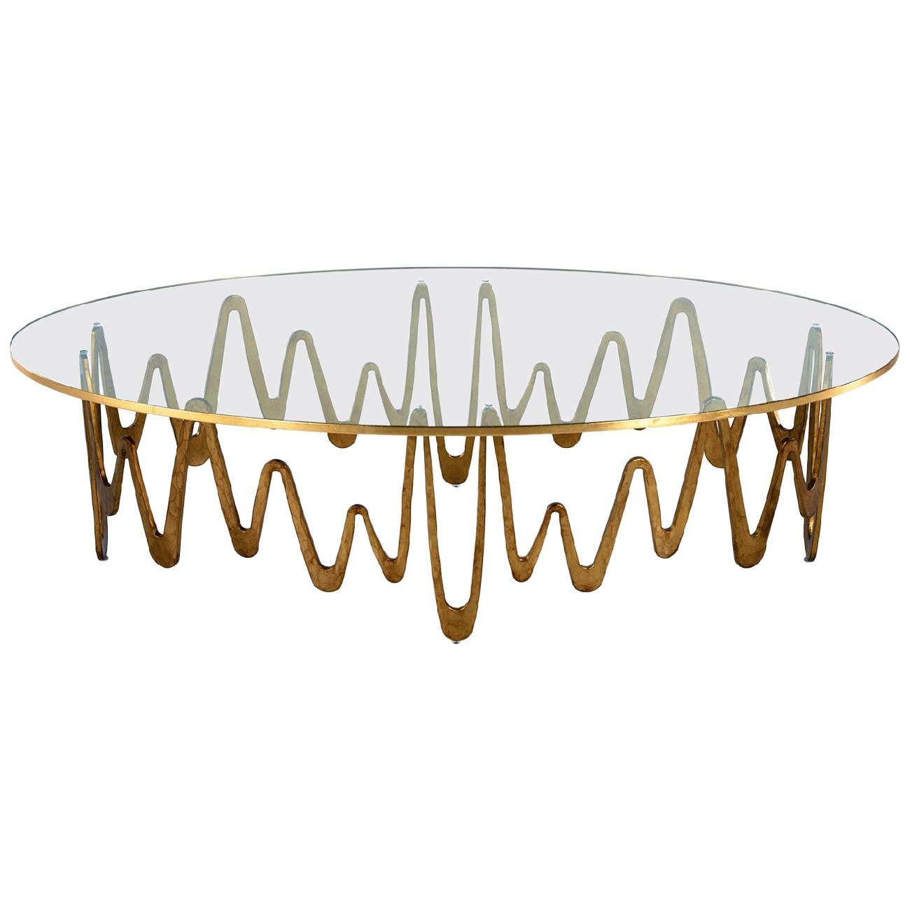Coffee Table with Hammered Base Bronze or Silver Finish Toughtened Glass Top