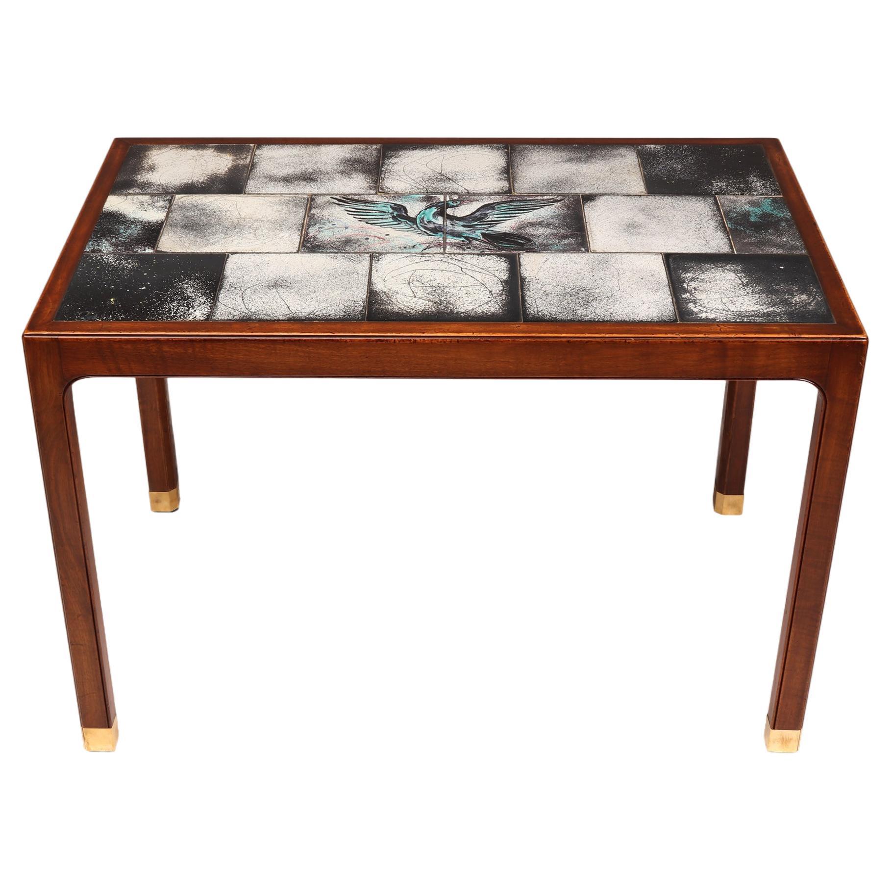 Coffee table with black/white inlaid tiles, turquoise details and brass feet. For Sale