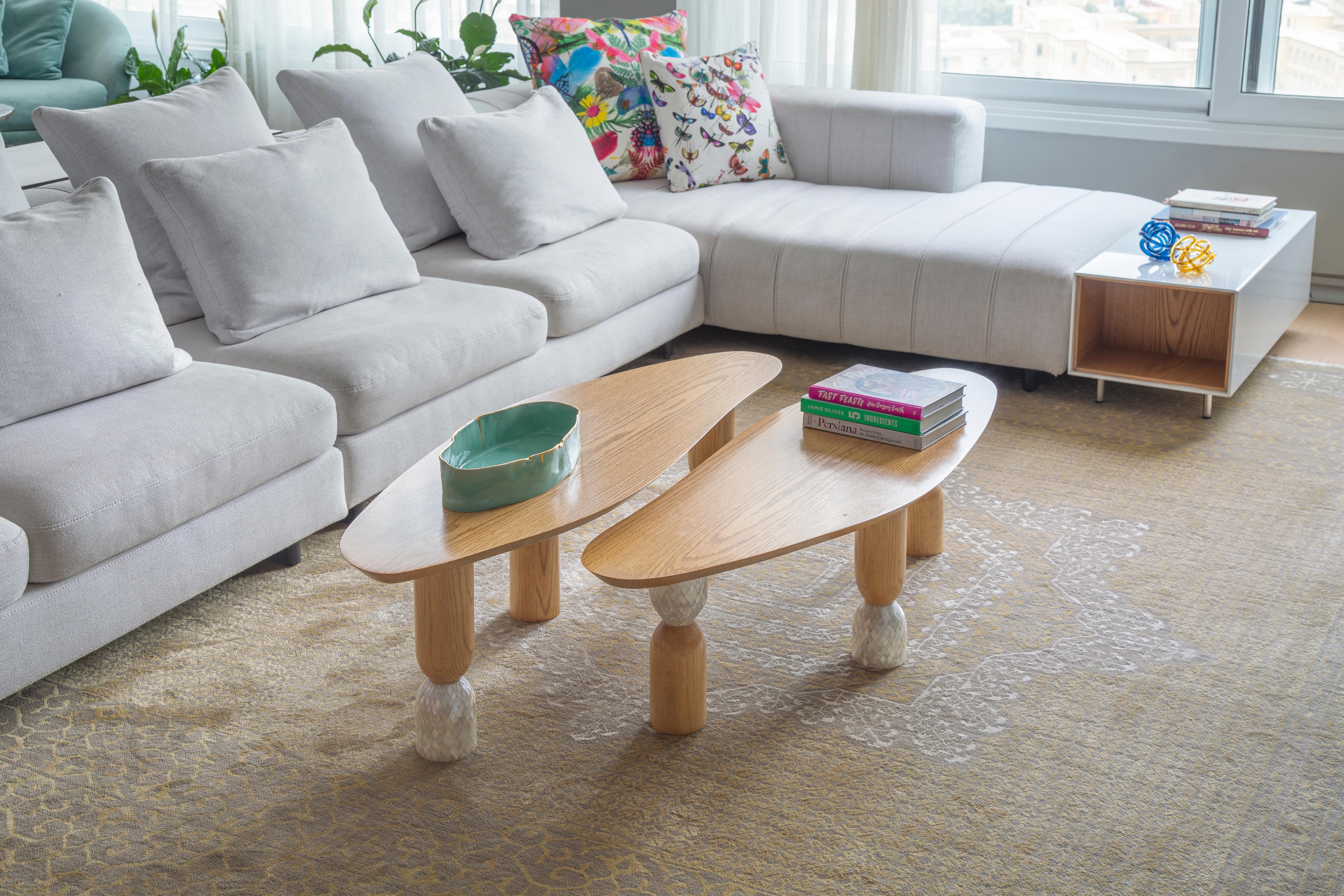 Modern Coffee Table with Hand-Laid Mother-of-Pearl & Organic-Shaped Massive Oak Tops For Sale