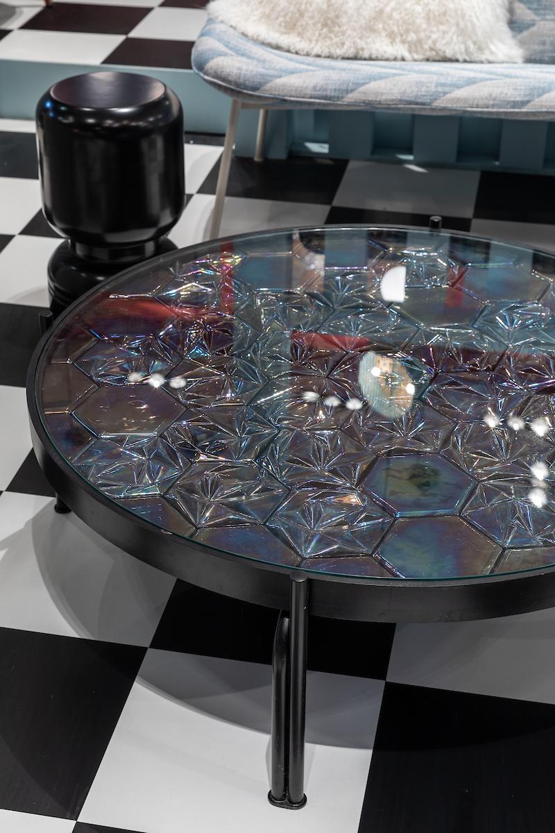 Art Deco Coffee Table with Handmade Ceramic Tiles Maze Black, in Stock For Sale