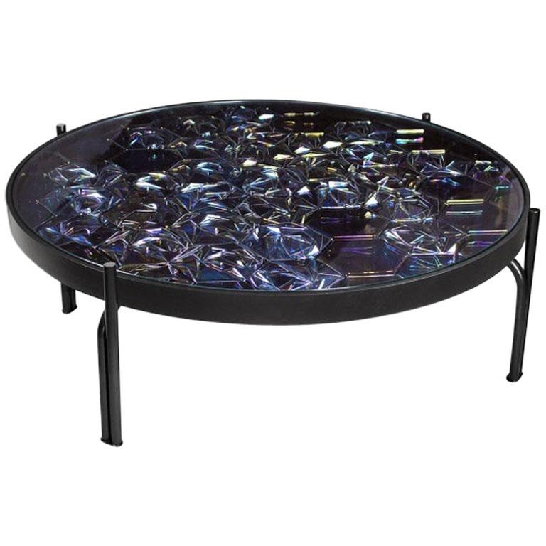 Coffee Table with Handmade Ceramic Tiles Maze Black, in Stock For Sale