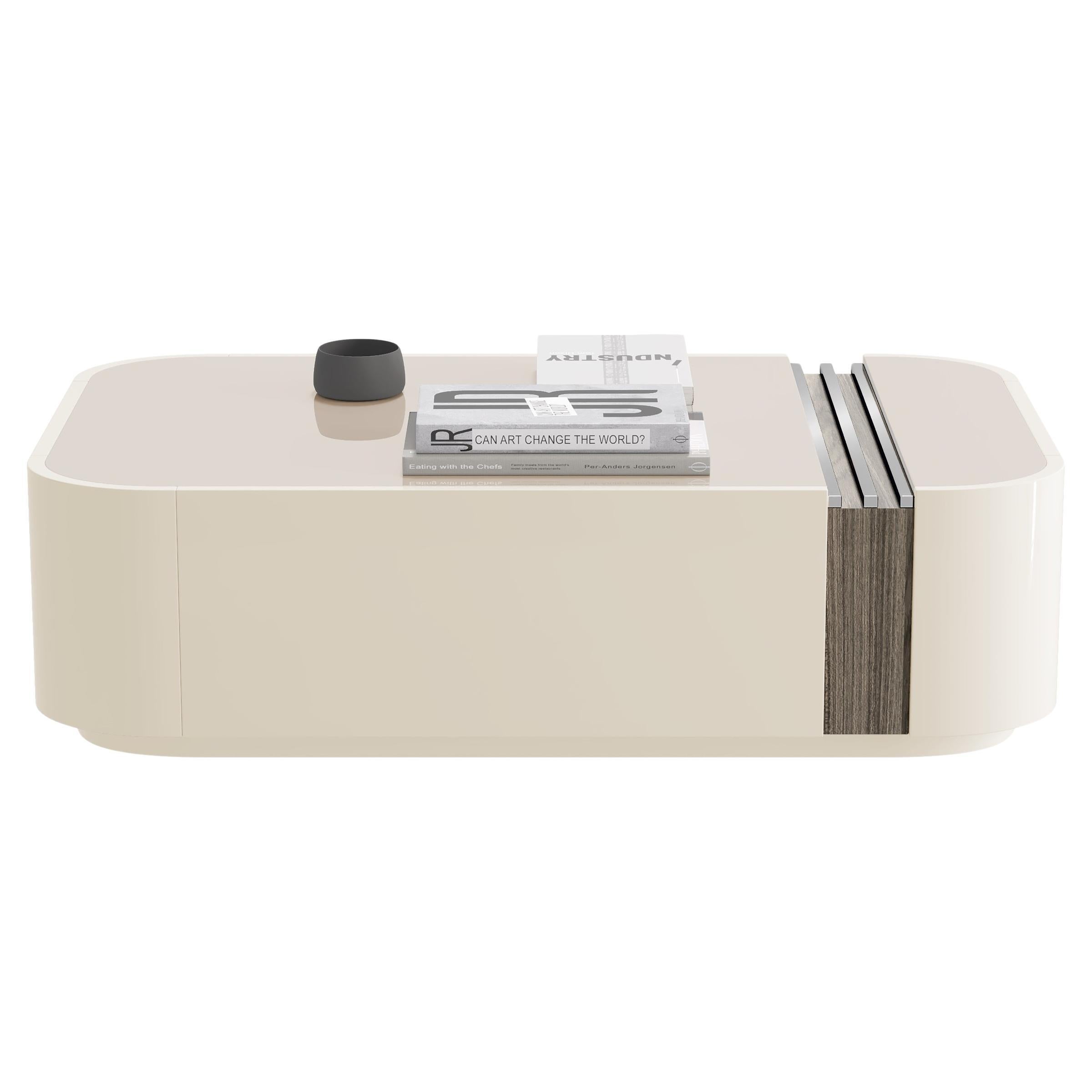 Questo tavolino da caffè sfoggia un design elegante e contemporaneo, che unisce funzionalità ed estetica raffinata. La struttura rettangolare è rifinita in lacca lucida, con una superficie liscia e levigata. Un caratteristico pannello di