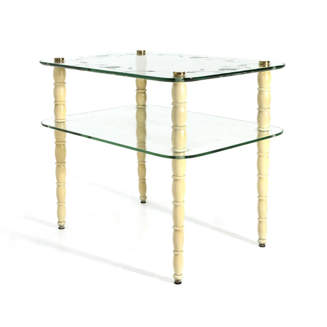 Mid-Century Modern Coffee Table with Legs in White Lacquered Wood and Glass Tops, 1930s For Sale