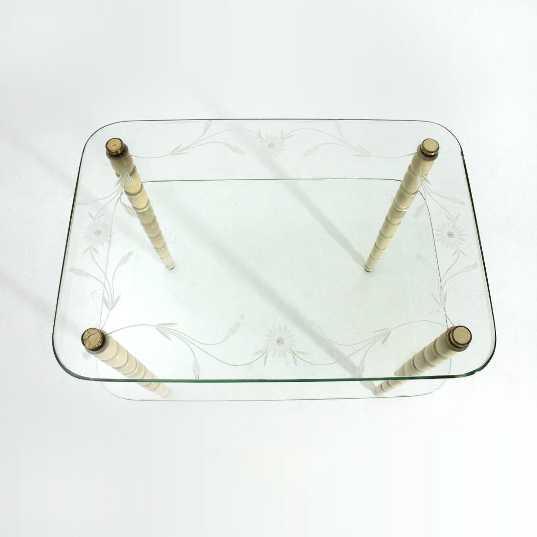Brass Coffee Table with Legs in White Lacquered Wood and Glass Tops, 1930s For Sale