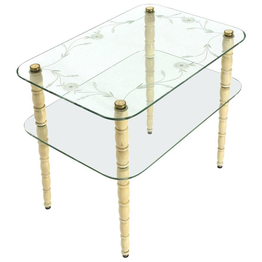 Coffee Table with Legs in White Lacquered Wood and Glass Tops, 1930s For Sale