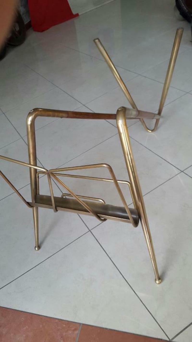 Mid-20th Century Coffee Table with Magazine Rack Design Cesare Lacca in Brass and Wood, 1960s For Sale