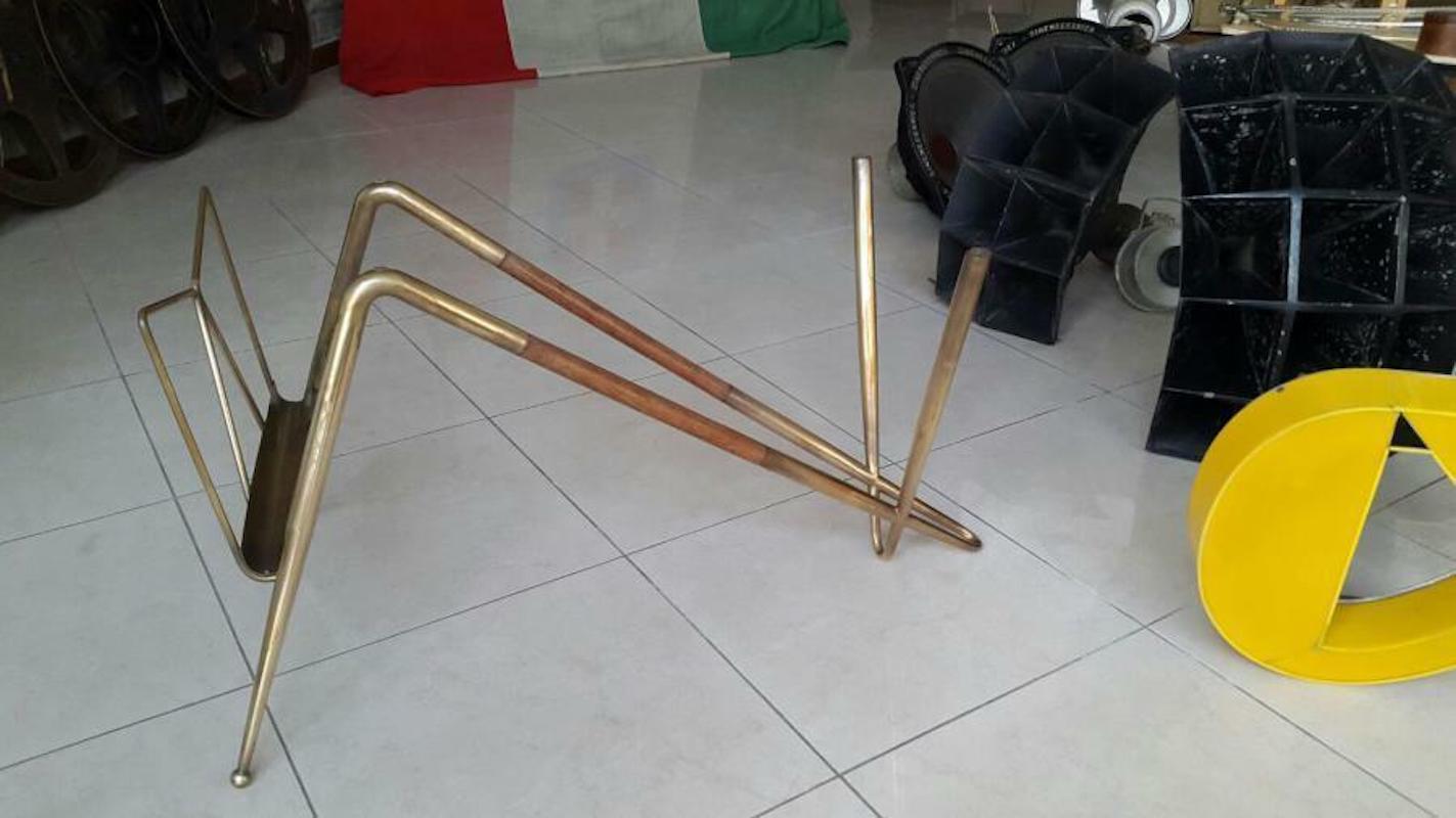 Coffee Table with Magazine Rack Design Cesare Lacca in Brass and Wood, 1960s For Sale 2
