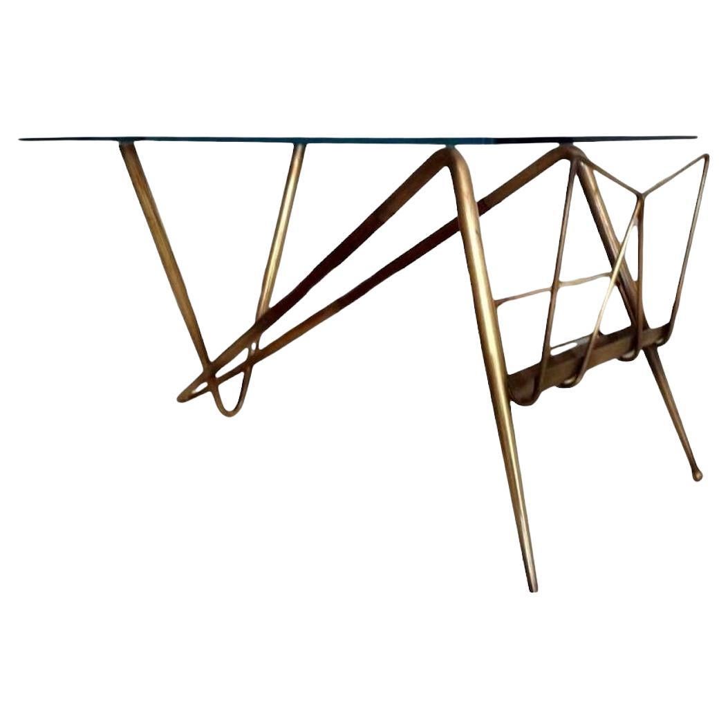 Coffee Table with Magazine Rack Design Cesare Lacca in Brass and Wood, 1960s For Sale