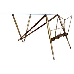 Vintage Coffee Table with Magazine Rack Design Cesare Lacca in Brass and Wood, 1960s