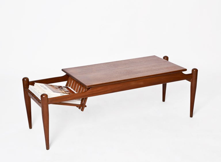 Coffee Table with Magazine Rack in Teak Wood, Italy 1960s For Sale at