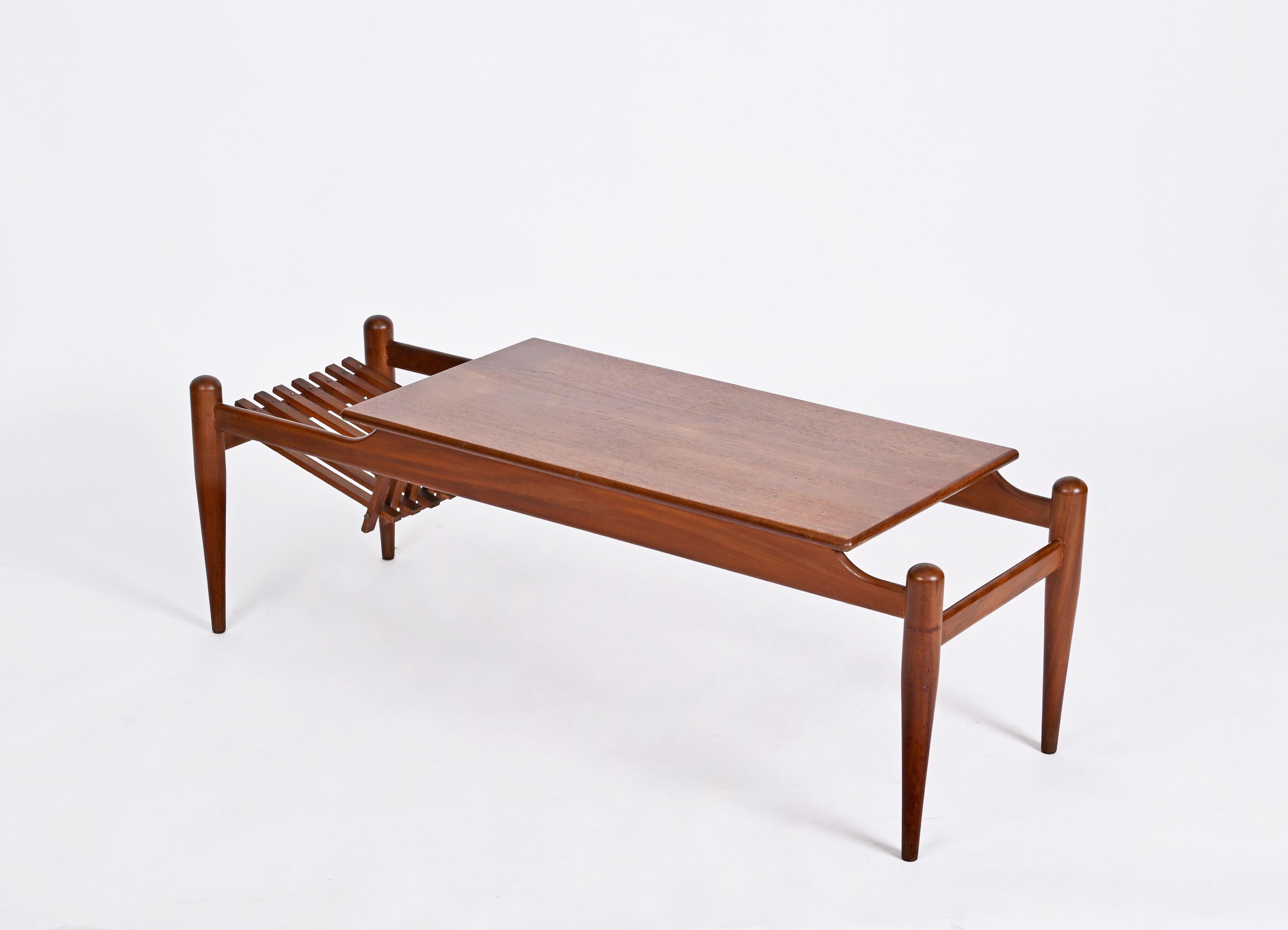 Italian Coffee Table with Magazine Rack in Teak Wood, Italy 1960s For Sale