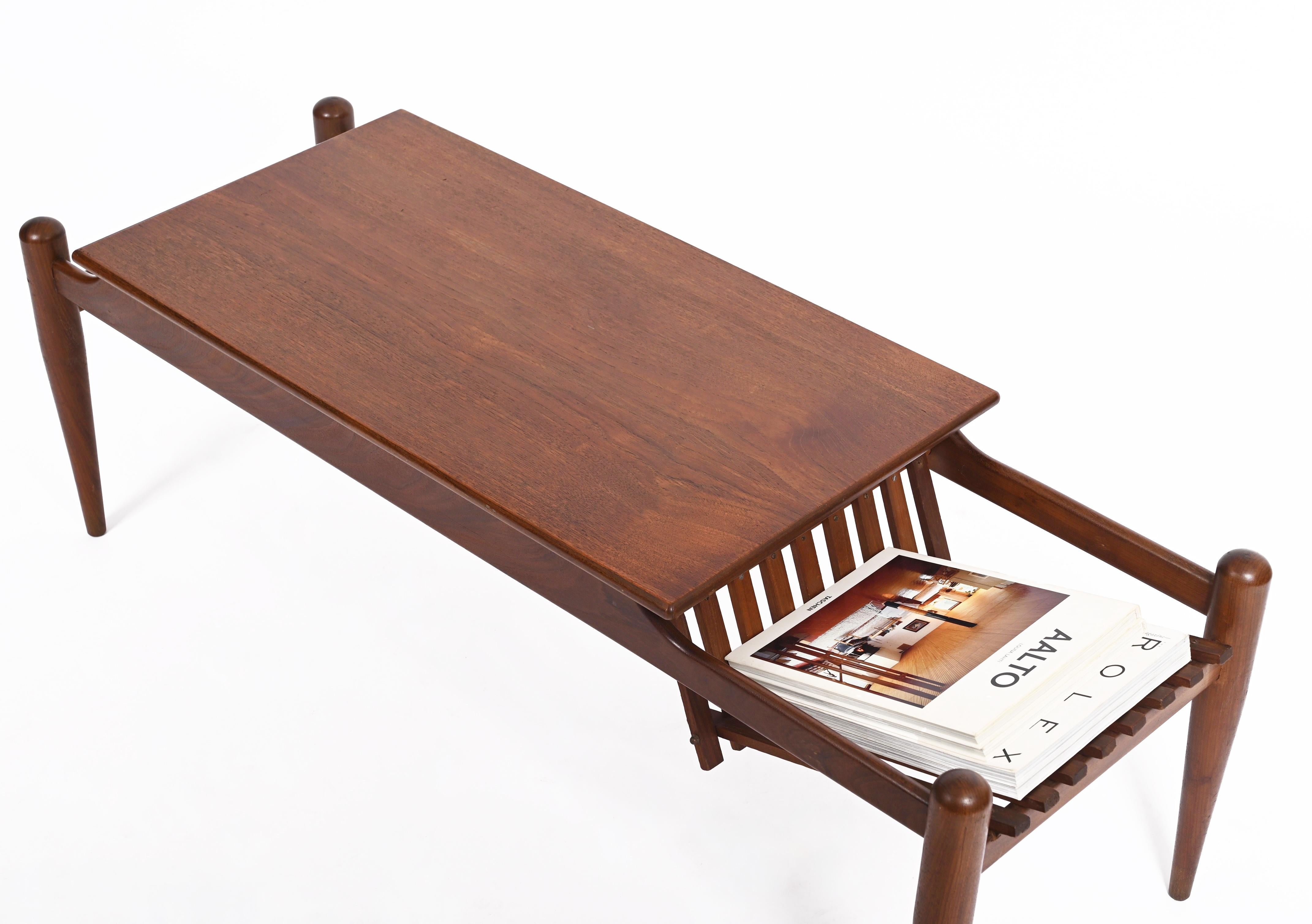 Mid-20th Century Coffee Table with Magazine Rack in Teak Wood, Italy 1960s For Sale
