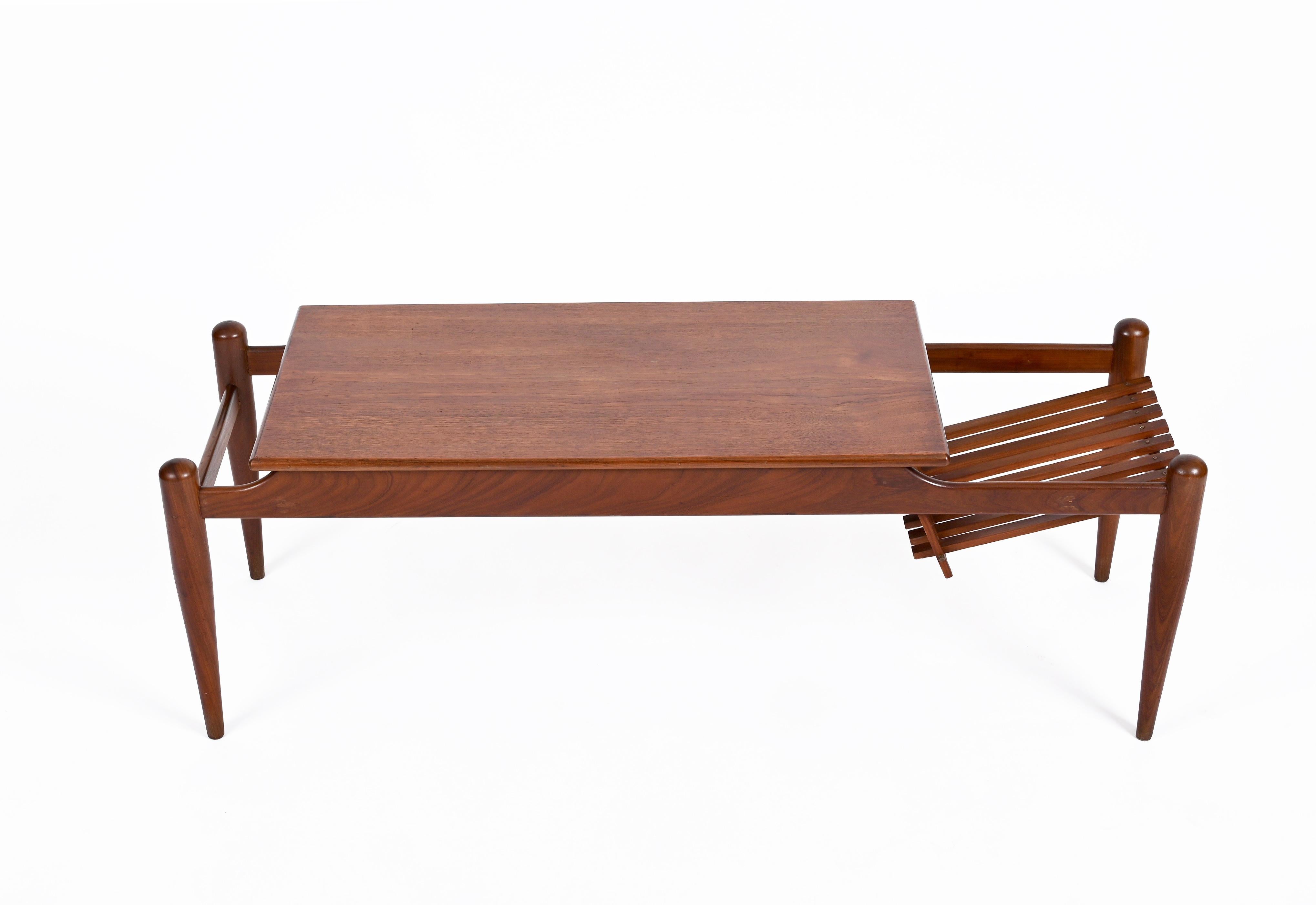 Brass Coffee Table with Magazine Rack in Teak Wood, Italy 1960s For Sale