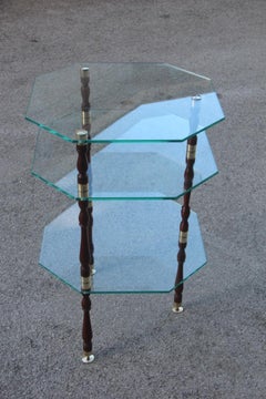 Coffee Table with Multiple Hexagonal Glass and Brass Glass Shelves Italian 1960s