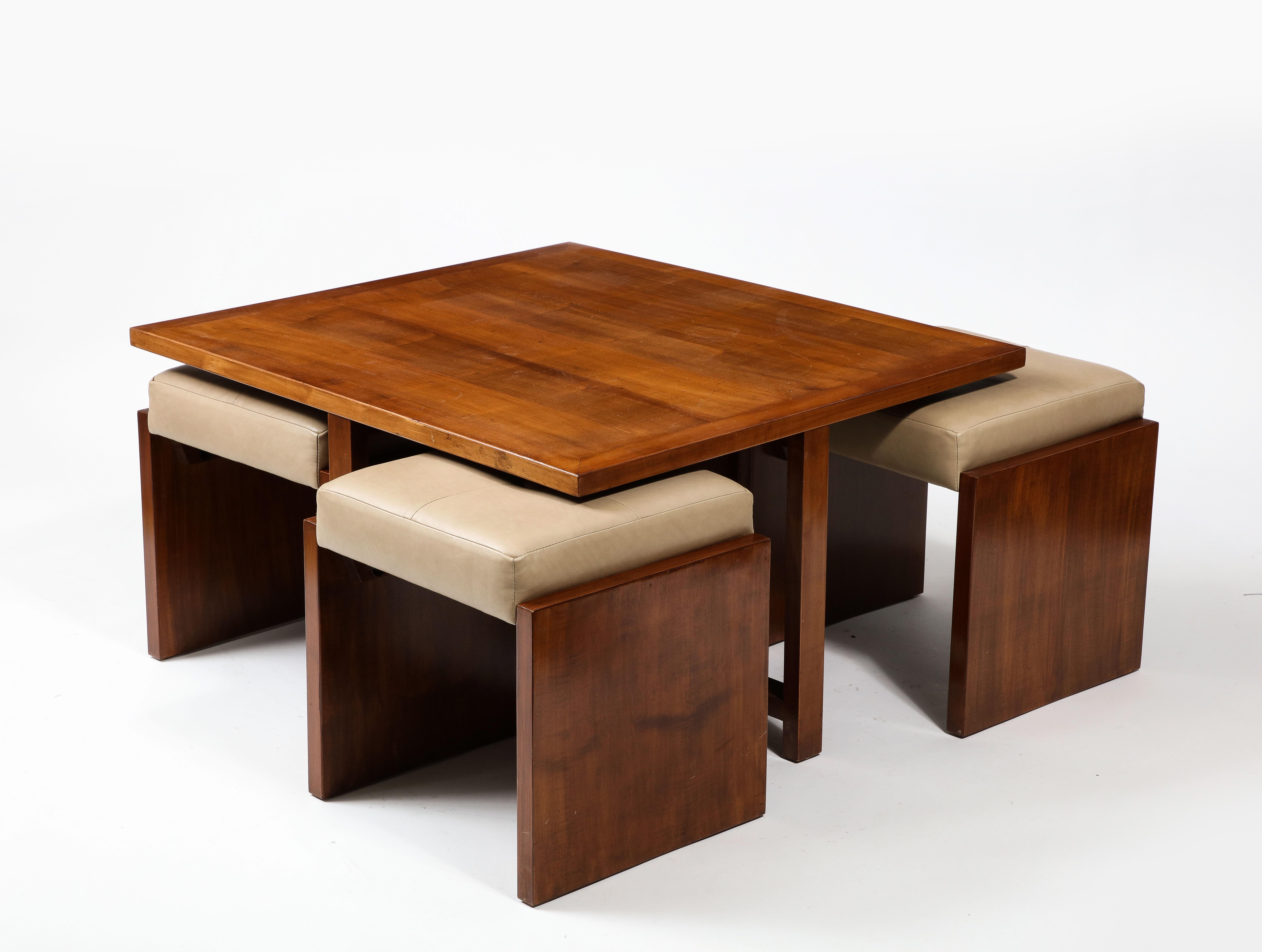 Upholstery Square Walnut Coffee Table with Four Nesting Upholstered Stools, France 1940's For Sale
