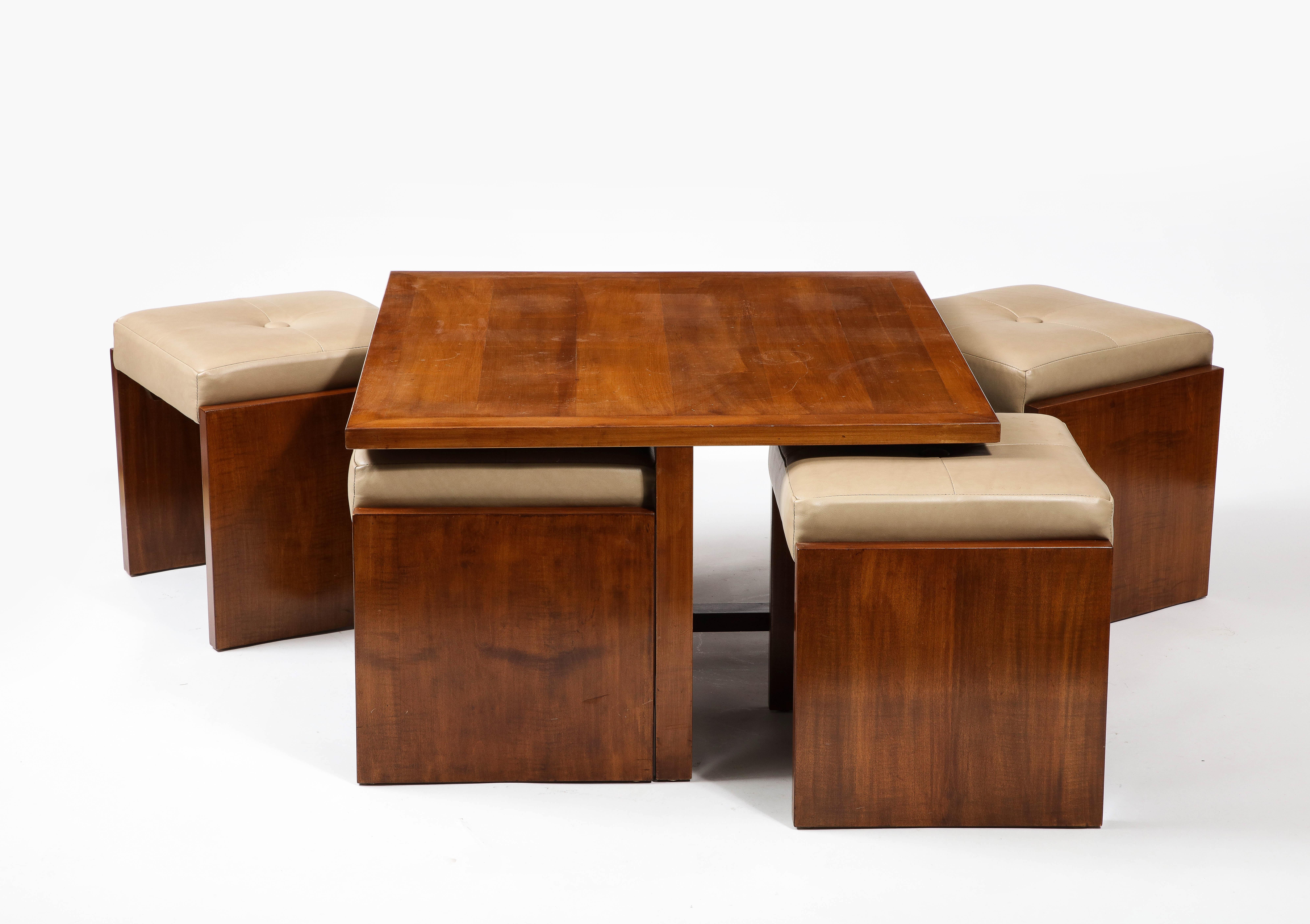 Square Walnut Coffee Table with Four Nesting Upholstered Stools, France 1940's For Sale 2