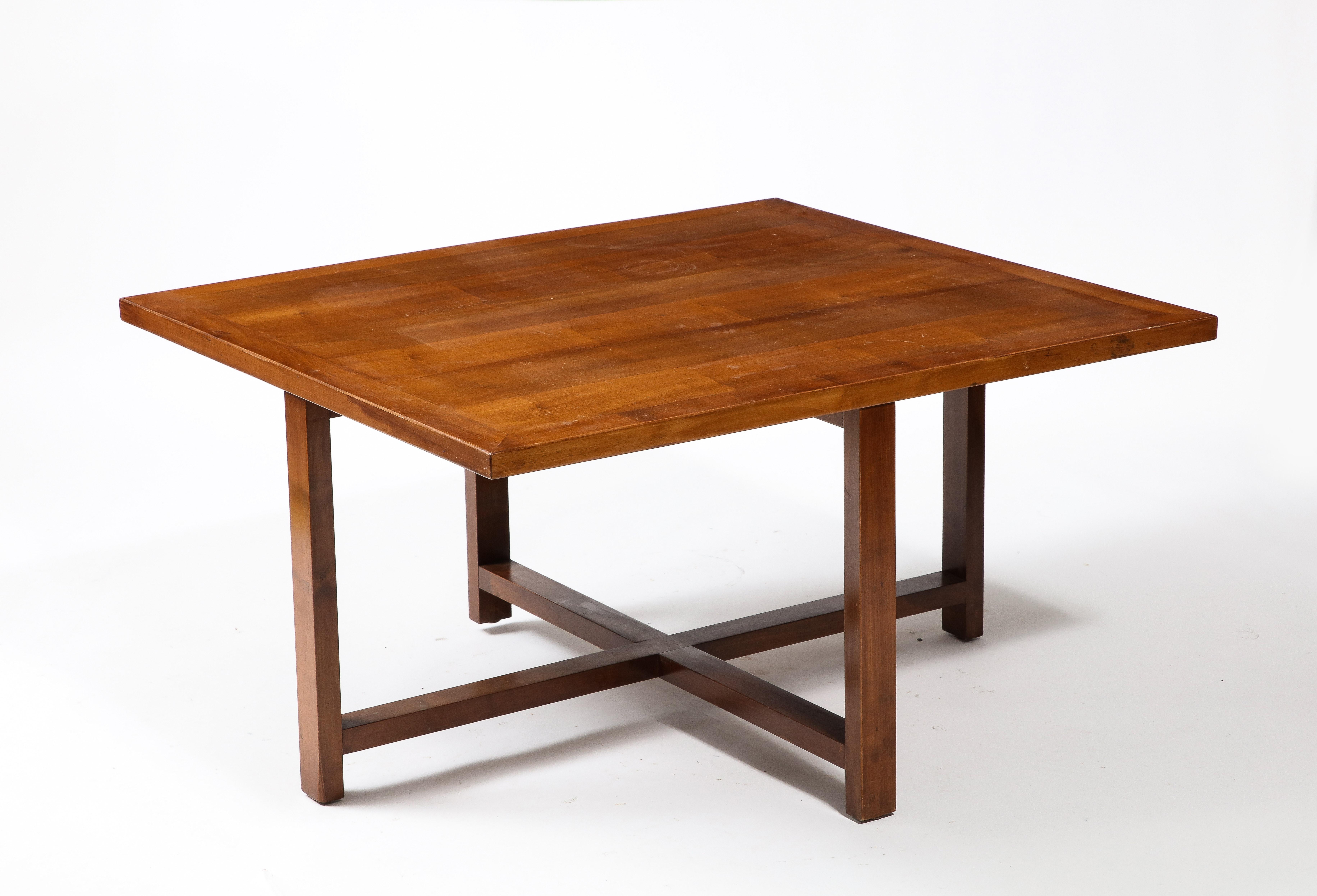 Unusual coffee table with nesting stools, walnut & leather.