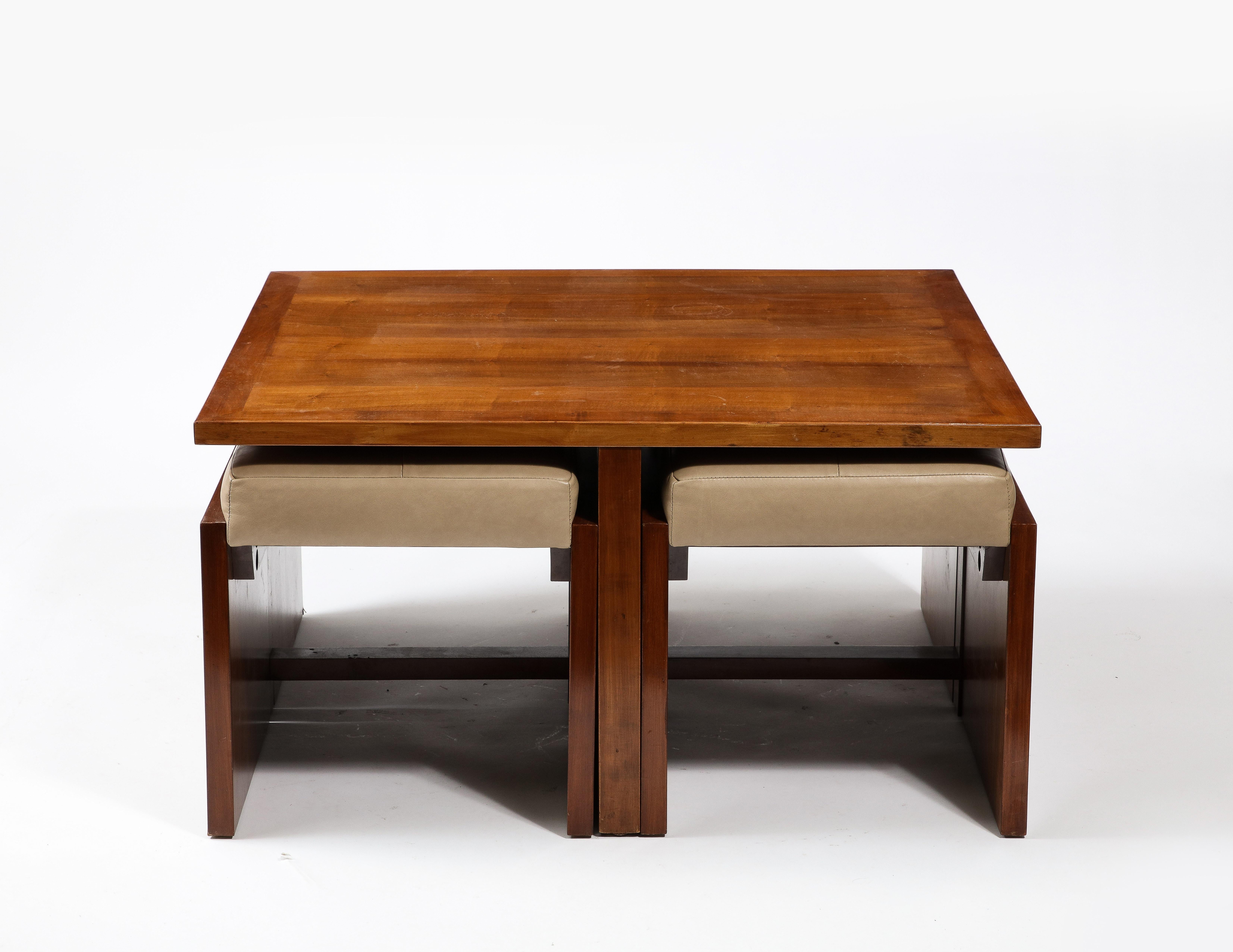 French Square Walnut Coffee Table with Four Nesting Upholstered Stools, France 1940's For Sale