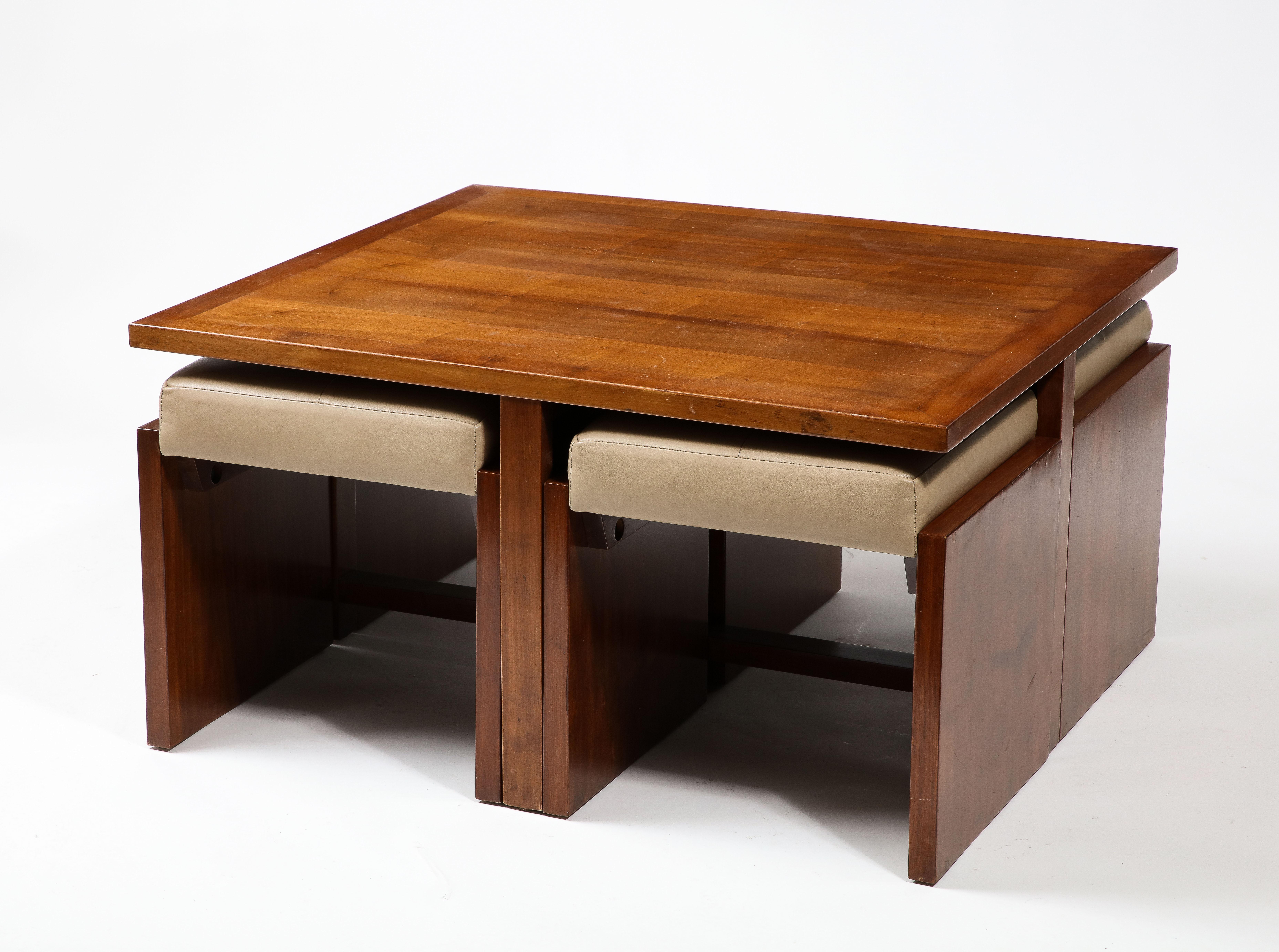 Square Walnut Coffee Table with Four Nesting Upholstered Stools, France 1940's In Good Condition For Sale In New York, NY