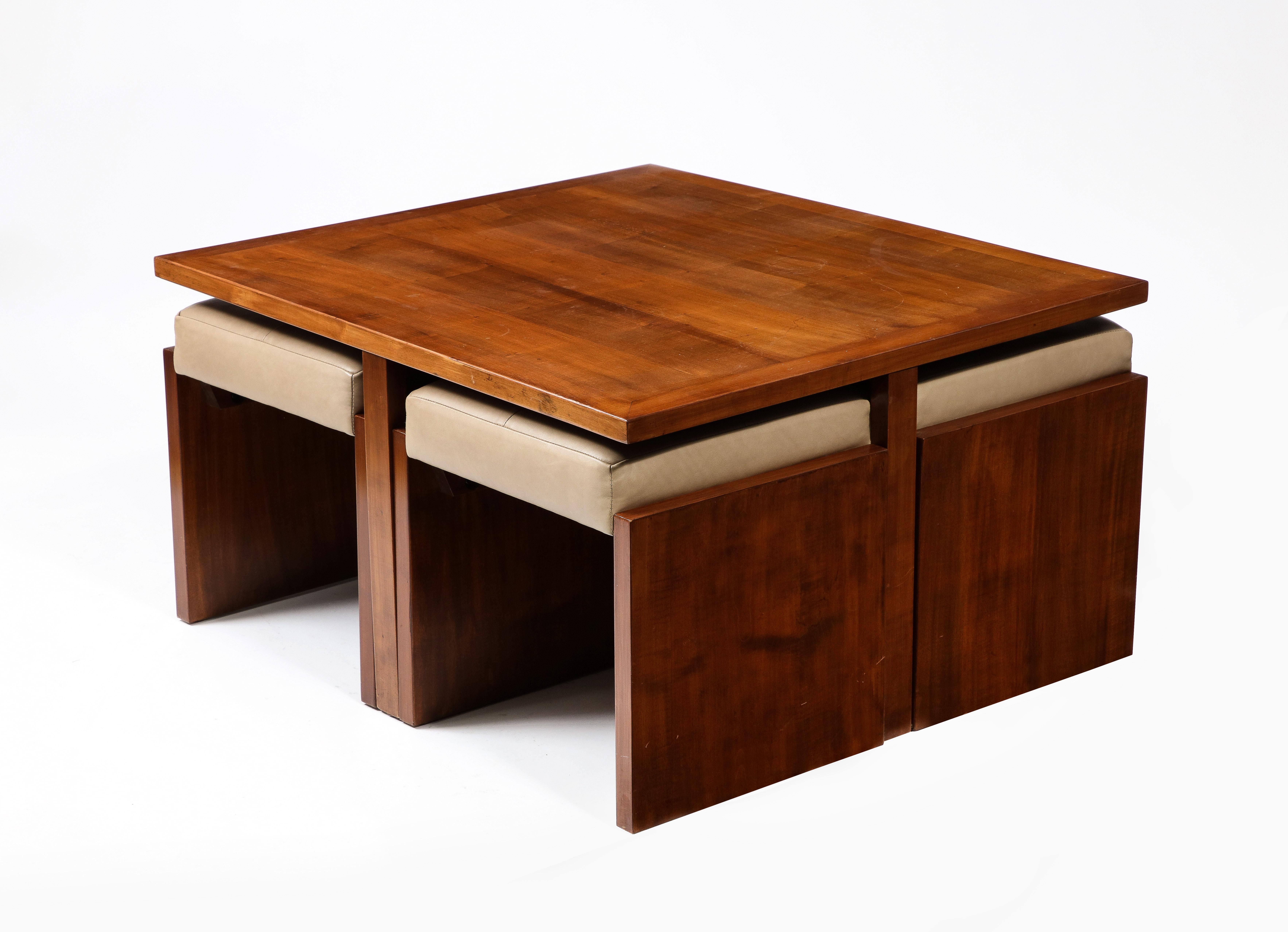 20th Century Square Walnut Coffee Table with Four Nesting Upholstered Stools, France 1940's For Sale