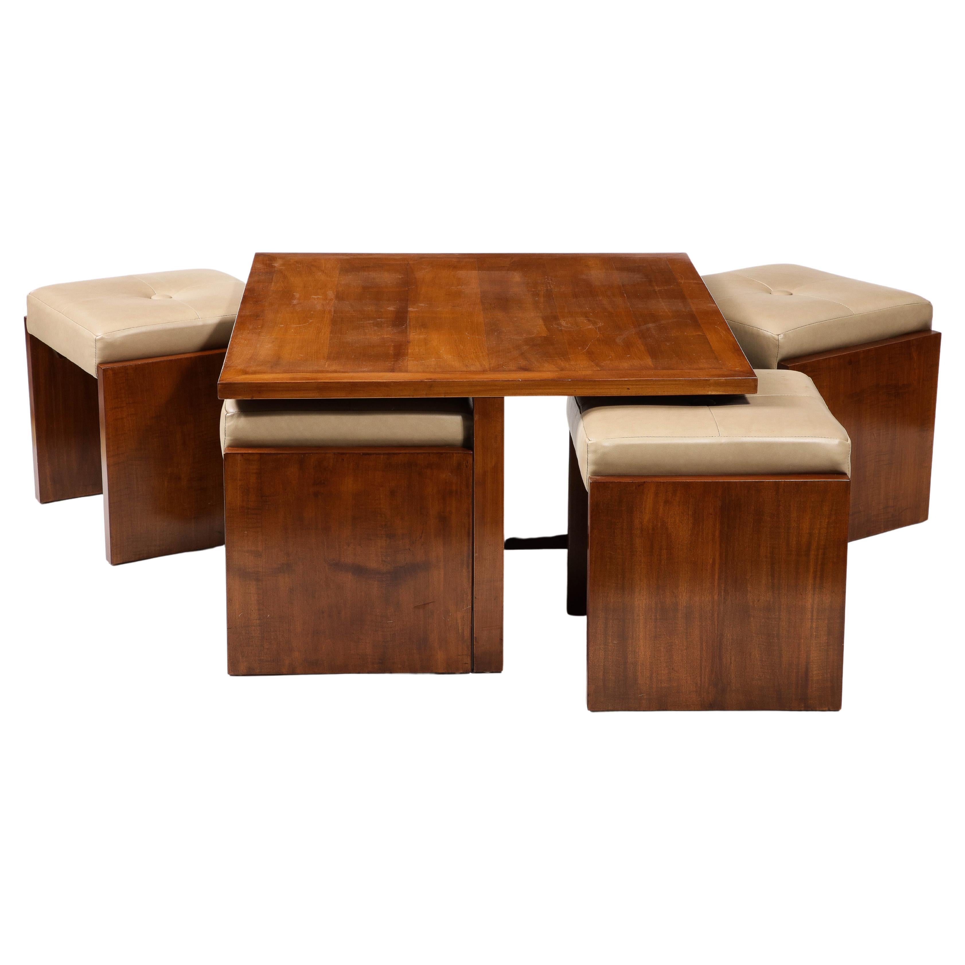 Square Walnut Coffee Table with Four Nesting Upholstered Stools, France 1940's For Sale