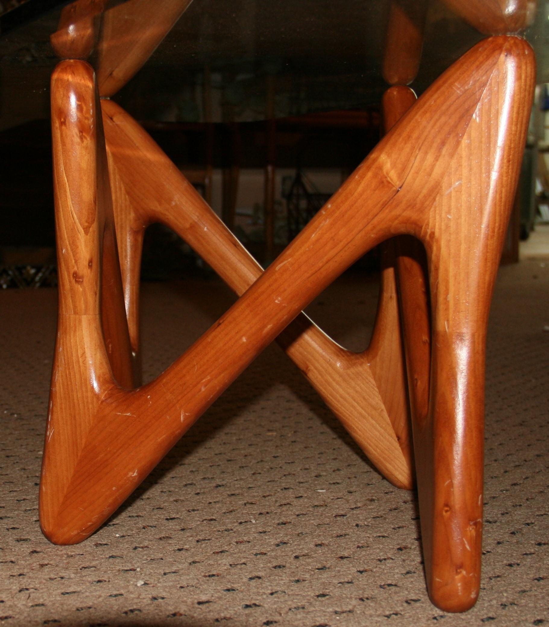 Late 20th Century Coffee Table with Organic Shaped Wood Base and Thick Glass Top For Sale