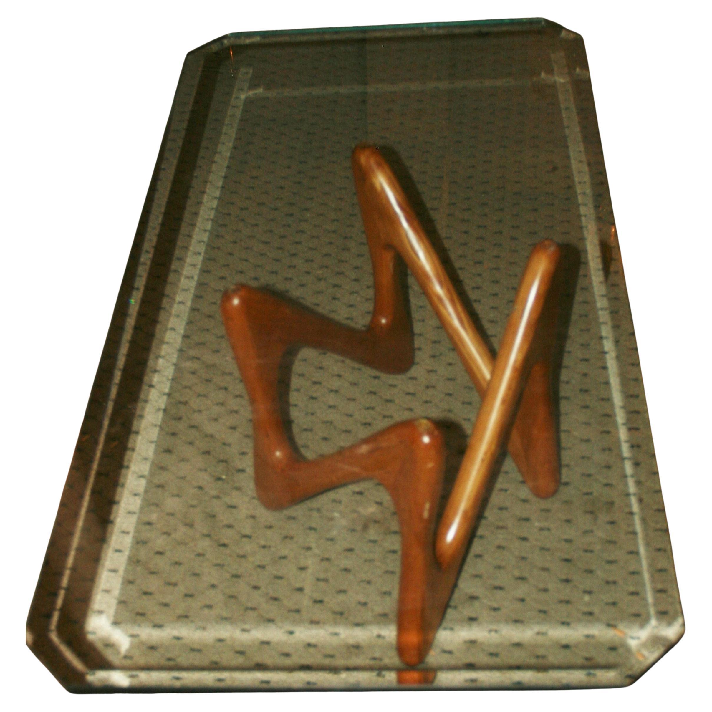 Coffee Table with Organic Shaped Wood Base and Thick Glass Top For Sale