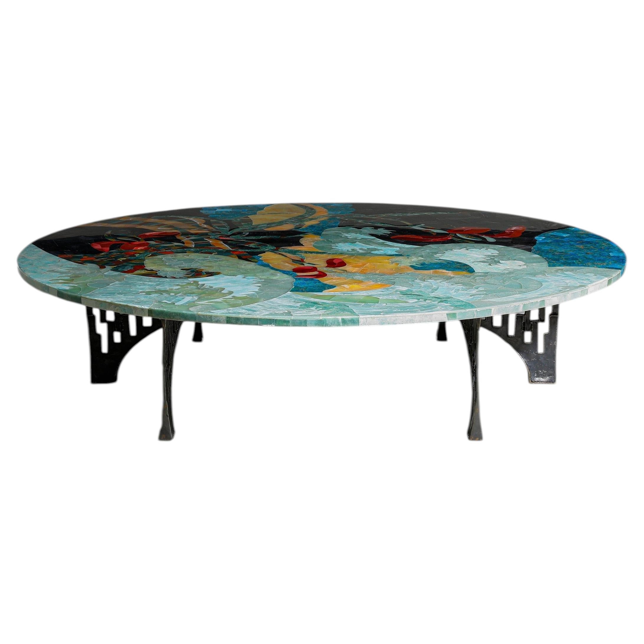 Coffee Table with Semi Precious Overlay Top and Brass Legs, Viya by Vikram Goyal