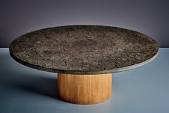 Coffee Table with solid Slate Top with Drum Plywood Base France, 1970s