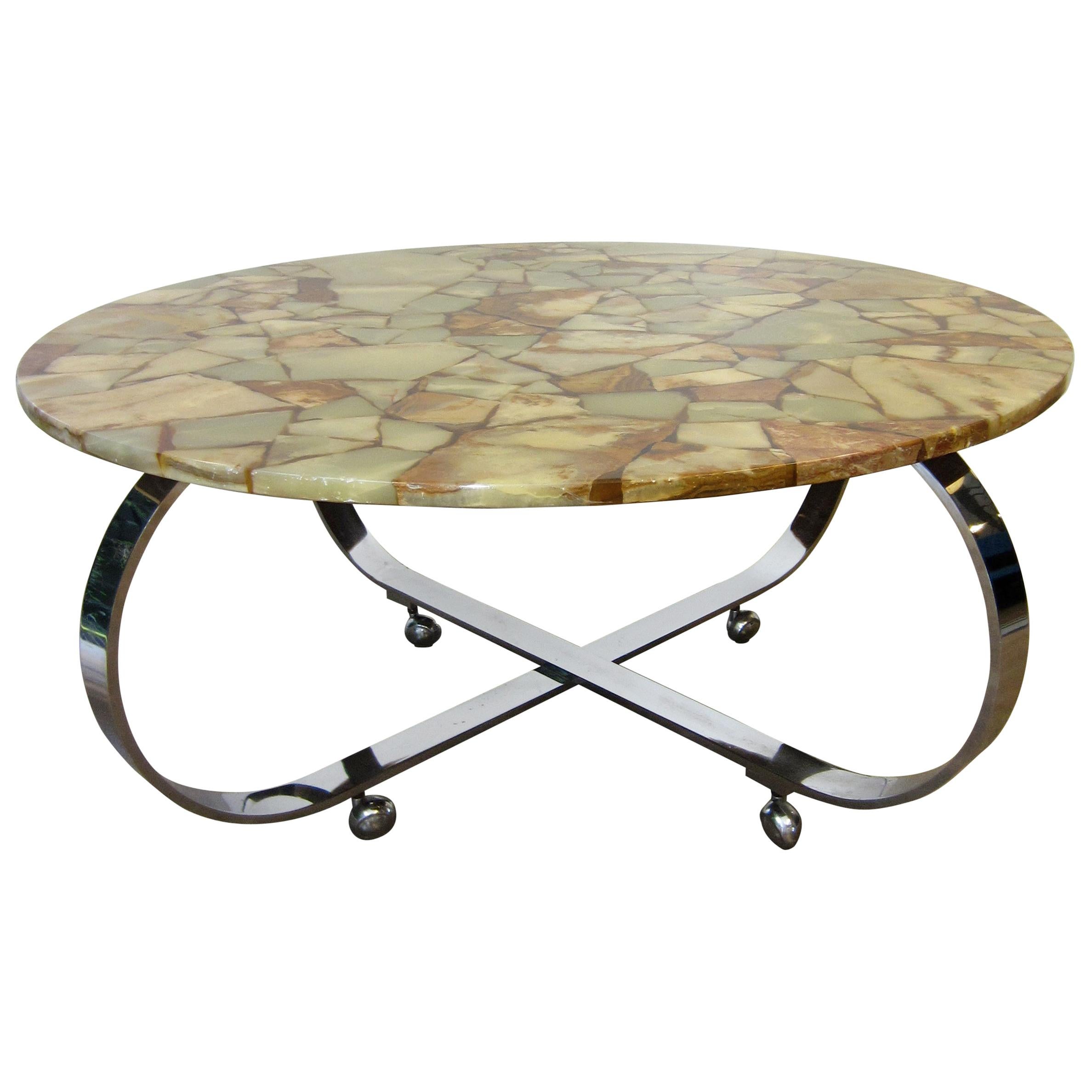 Coffee Table with Solid Stone Plate Chrome Frame, 1970s For Sale