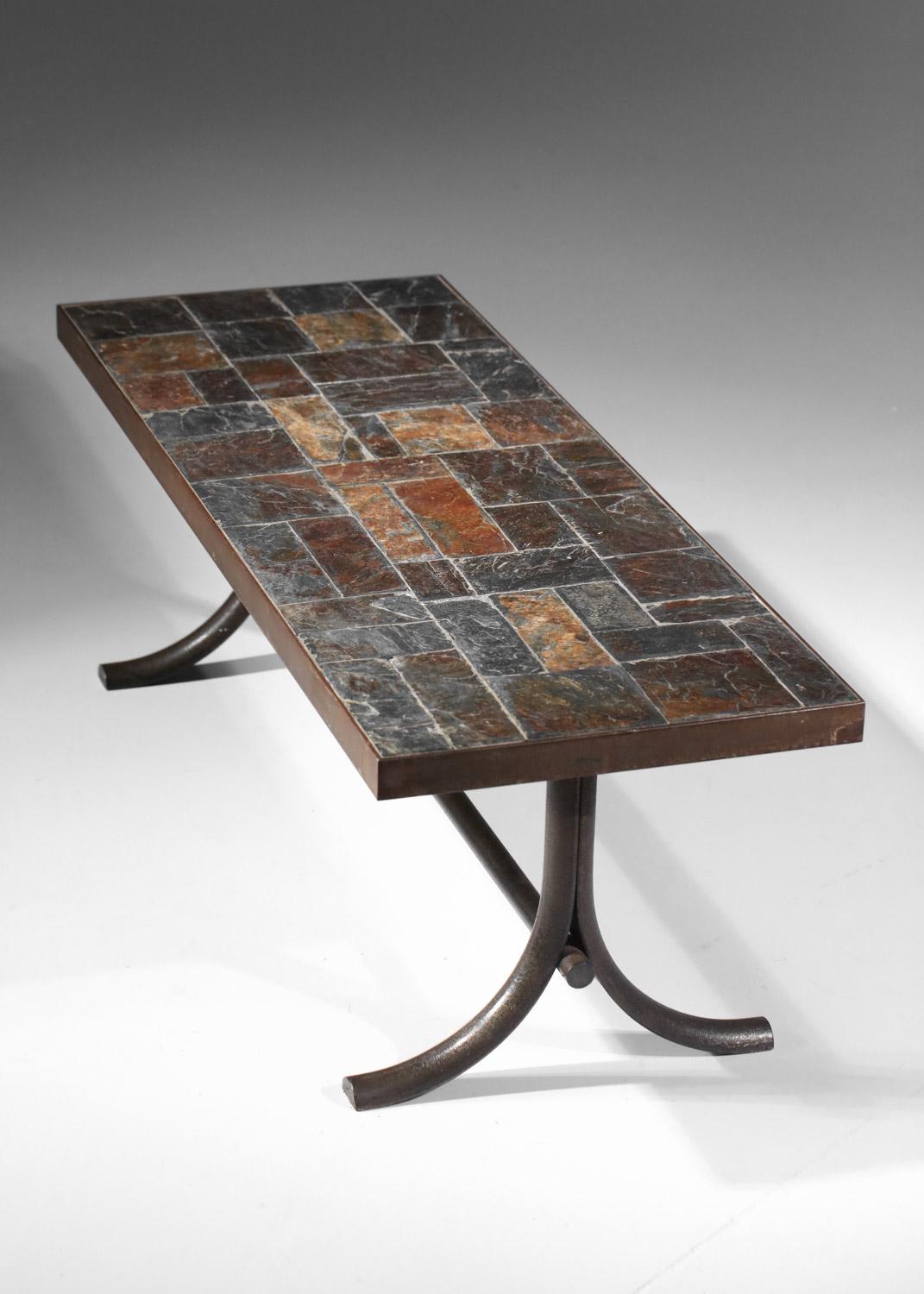 French Coffee table with steel structure and stone top from the 60s For Sale