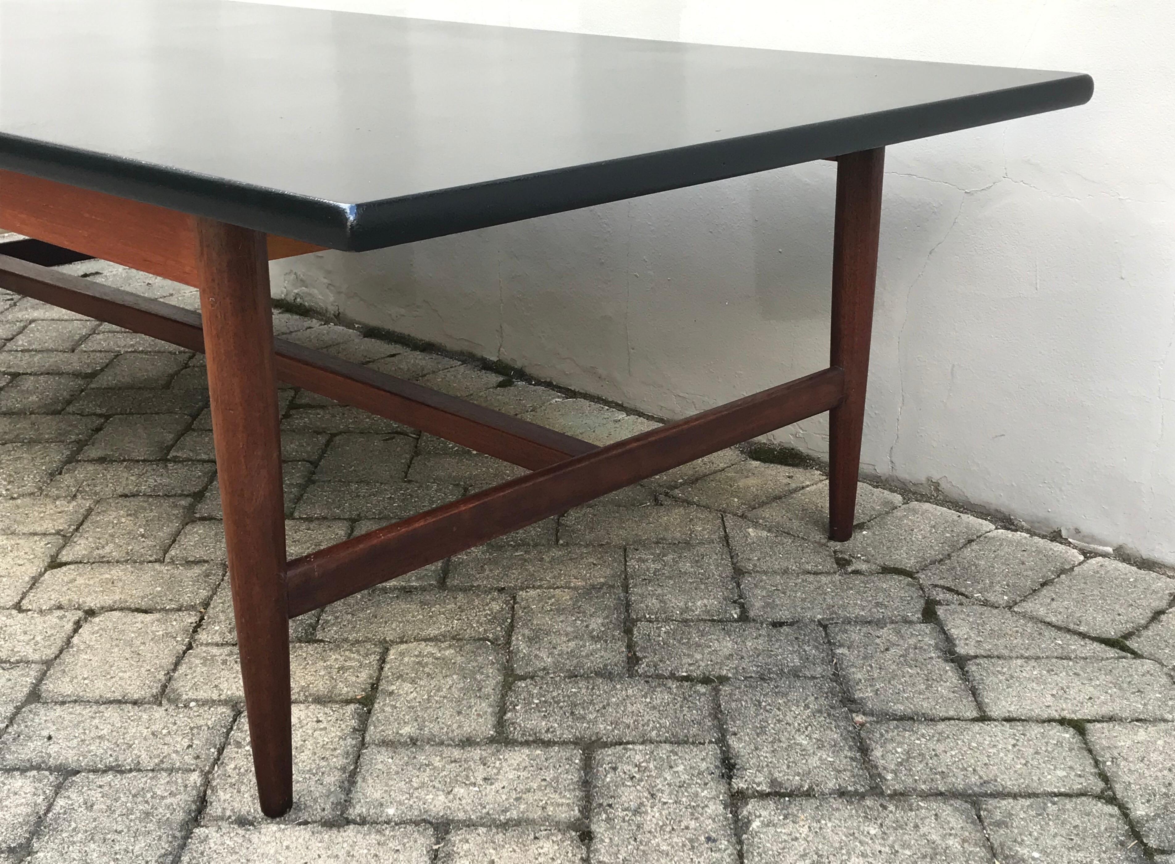 Dutch Mid Century Coffee Table Teak Frame, Satin Black Top & White Drawer, Netherlands For Sale