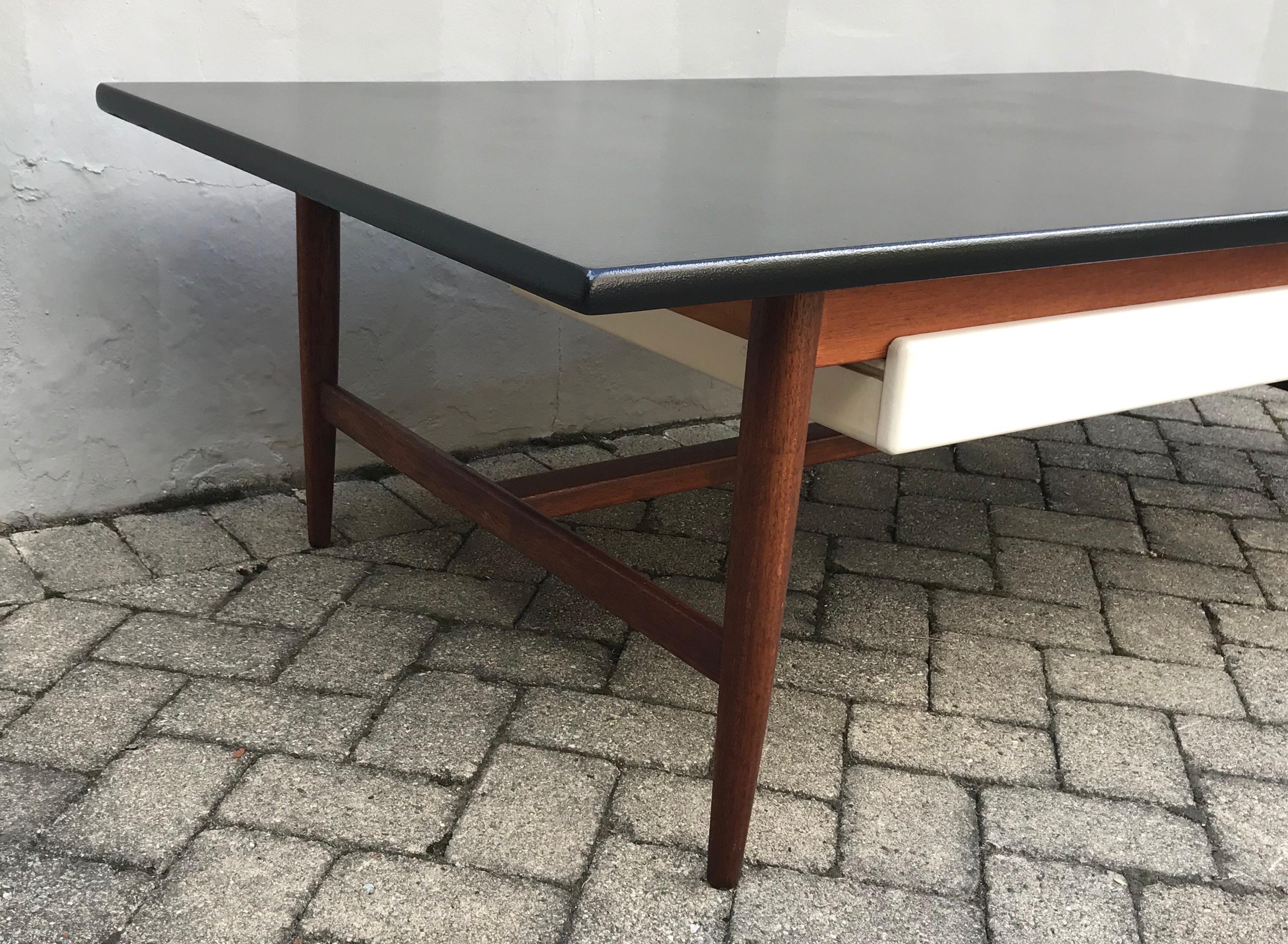 Painted Mid Century Coffee Table Teak Frame, Satin Black Top & White Drawer, Netherlands For Sale