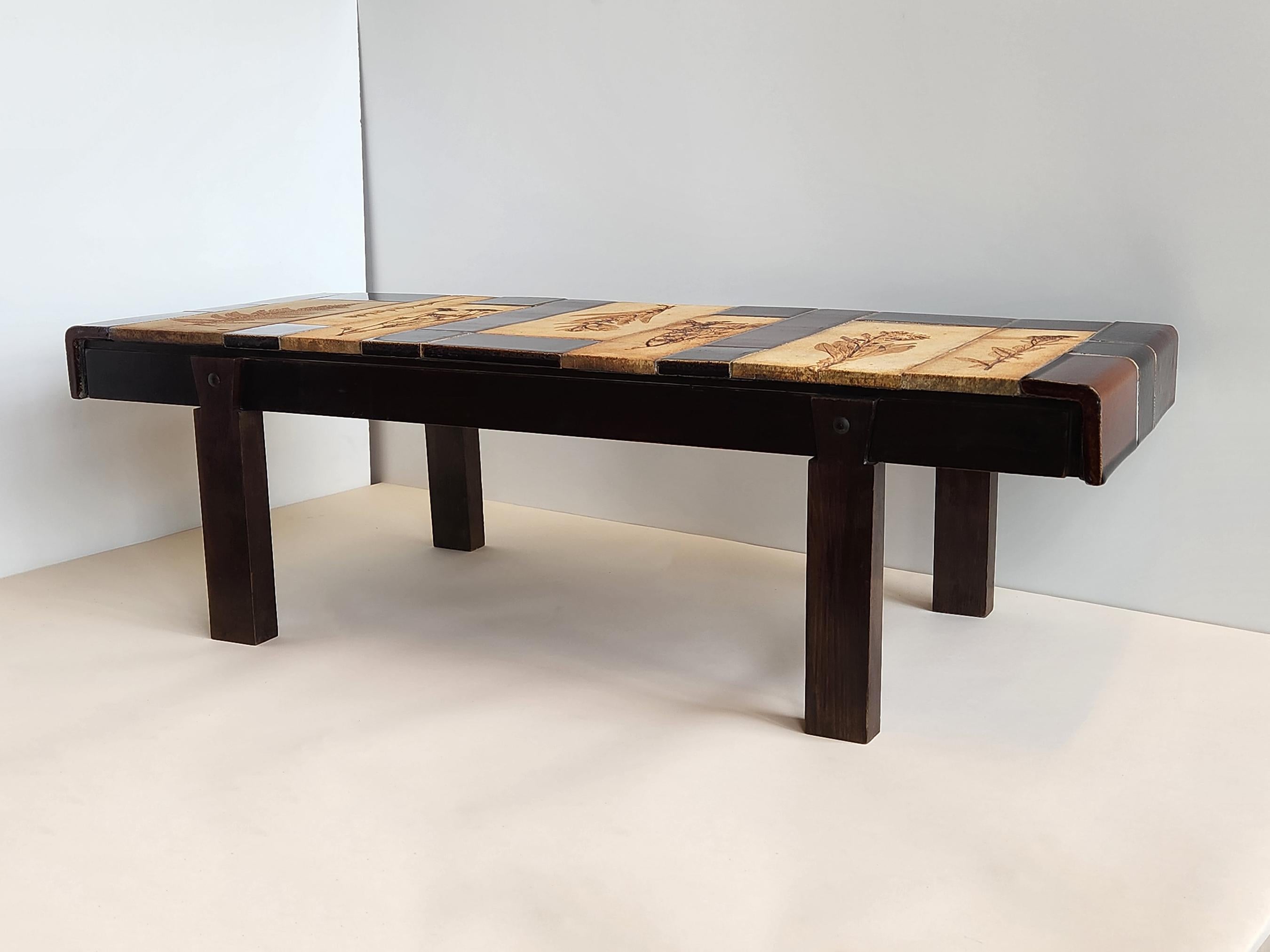 Roger Capron - Coffee Table with Terra Cotta Garrigue and Brown Tiles, 1970s In Good Condition For Sale In Stratford, CT