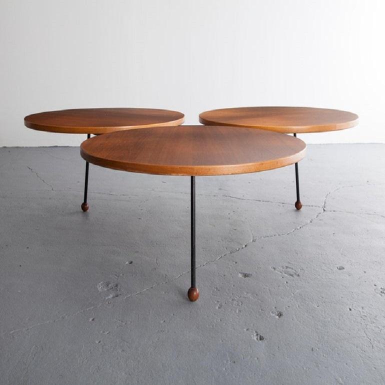 Coffee table with three circular tops in teak on an iron frame. Designed by Greta
Magnusson Grossman (1906-1999), for Glenn of California, Los Angeles, 1954.