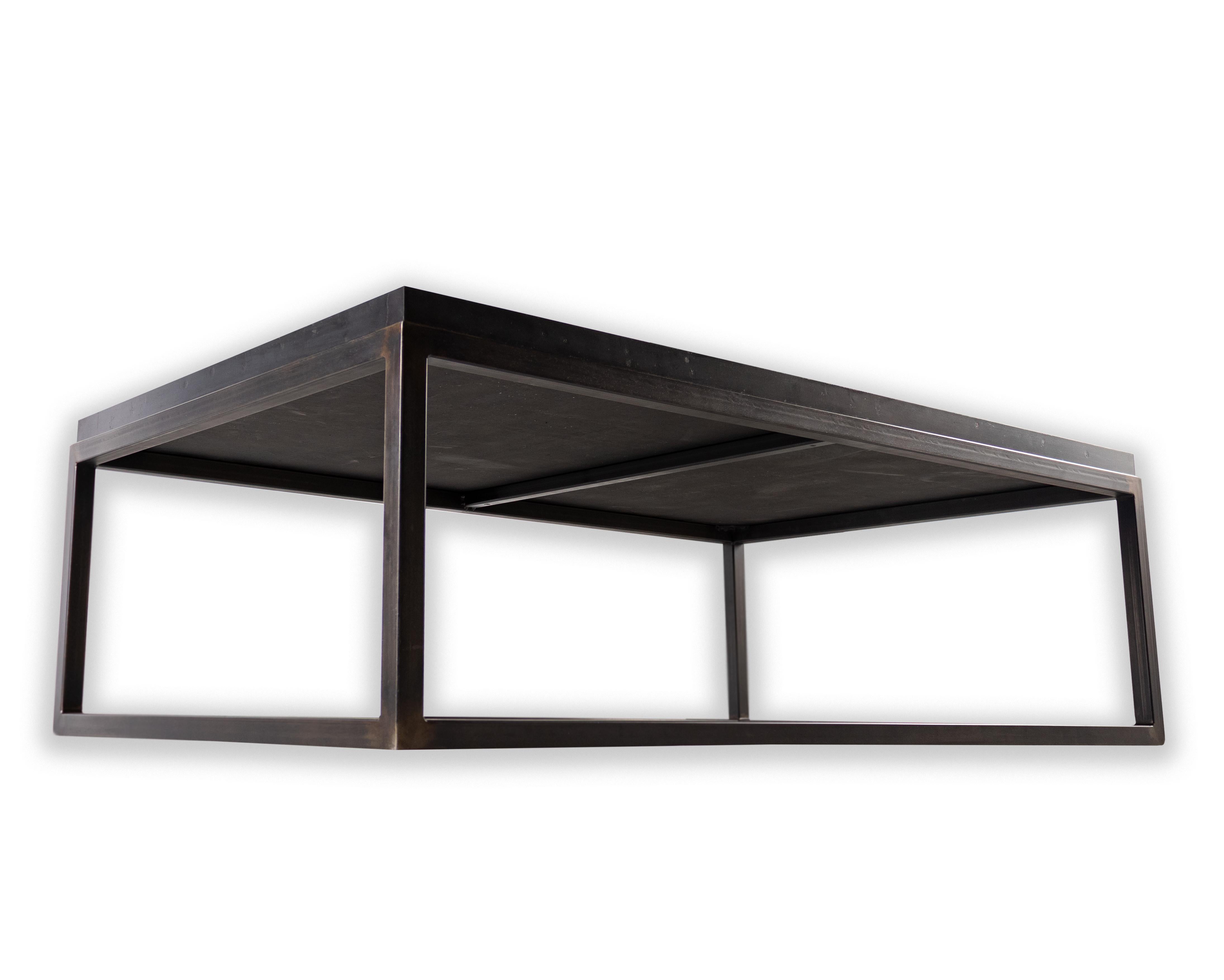 Organic Modern Coffee Table with Top Crafted from Reclaimed Oak and Ebony Patina Steel Base