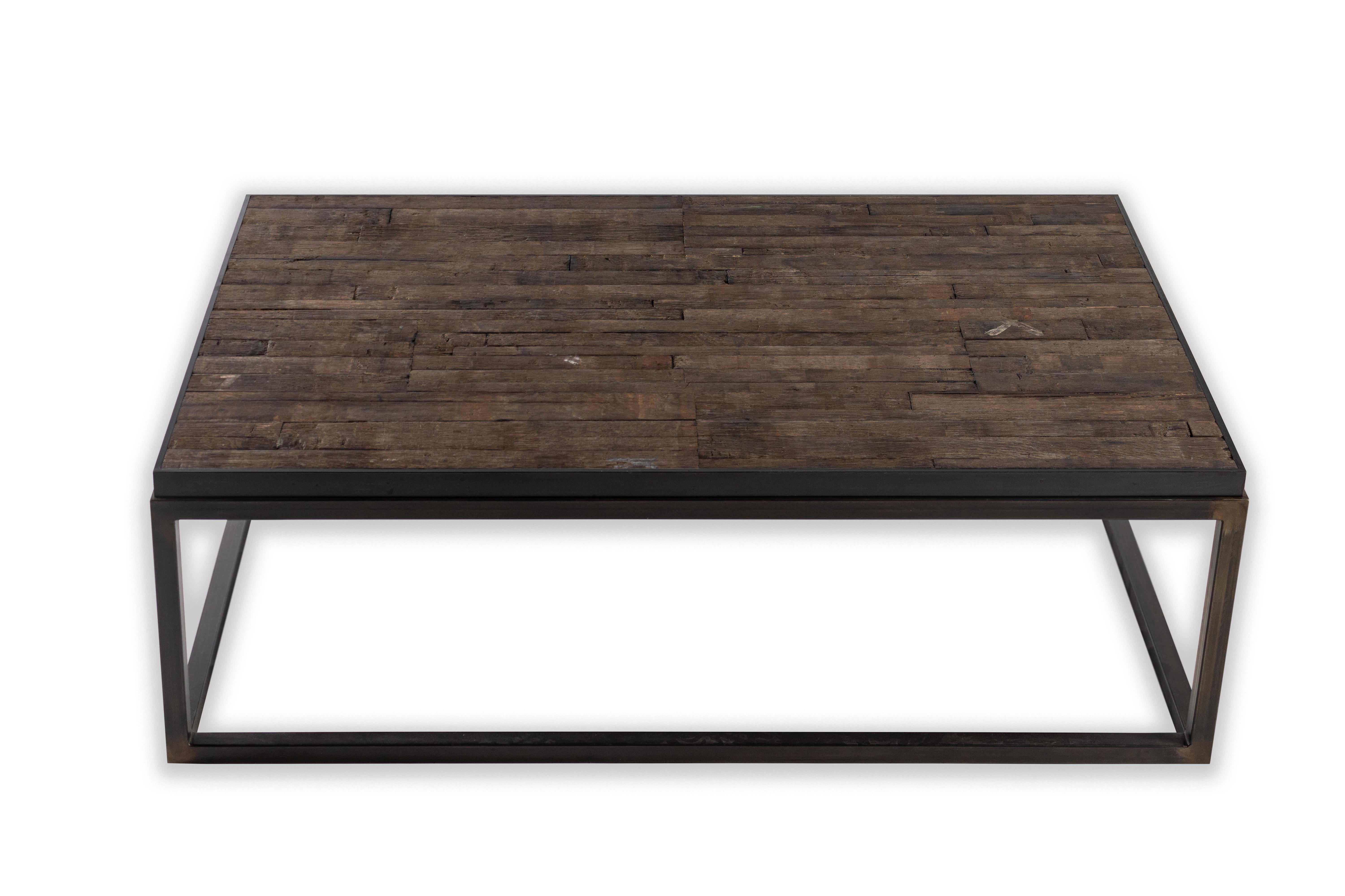 Unknown Coffee Table with Top Crafted from Reclaimed Oak and Ebony Patina Steel Base