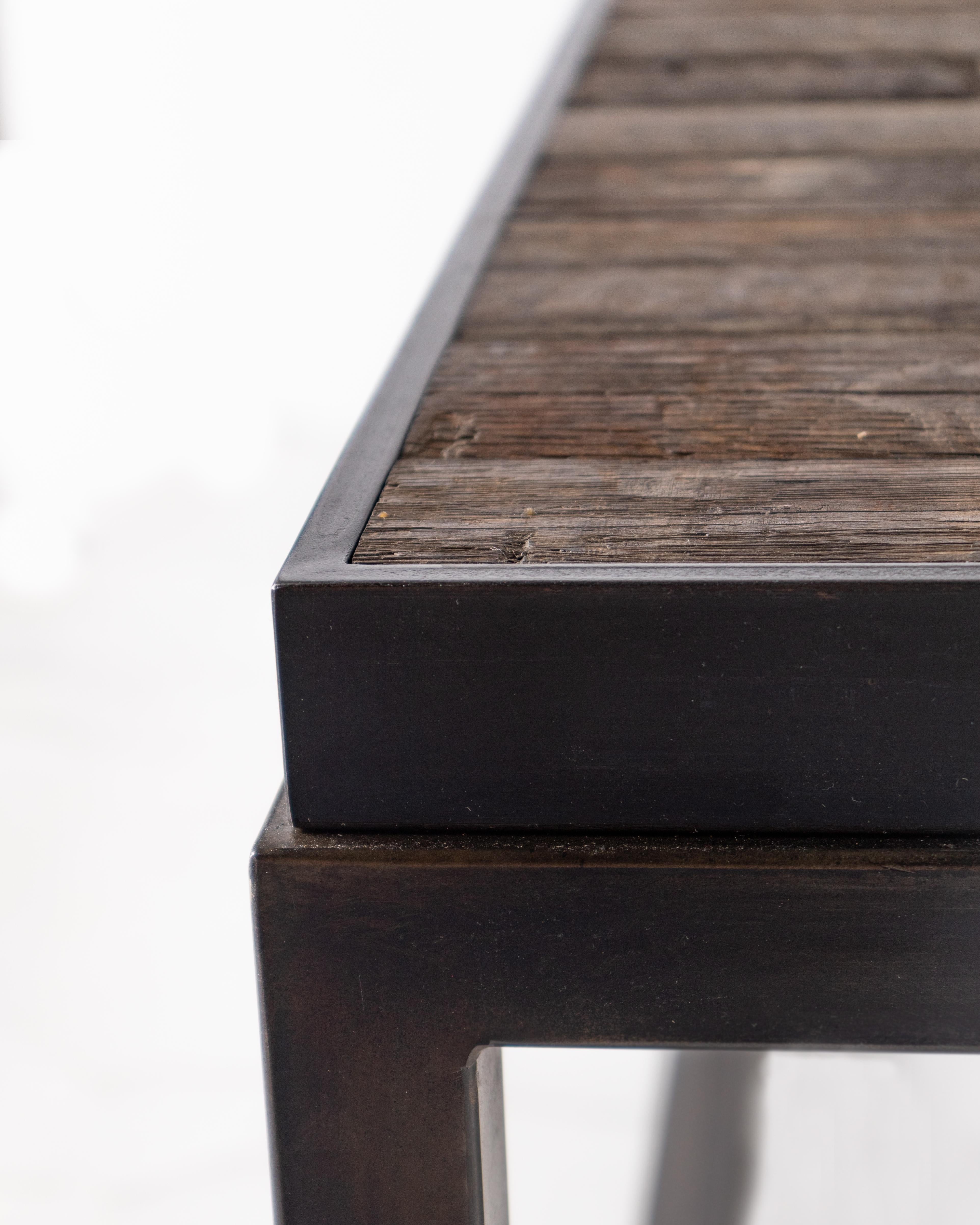 Patinated Coffee Table with Top Crafted from Reclaimed Oak and Ebony Patina Steel Base