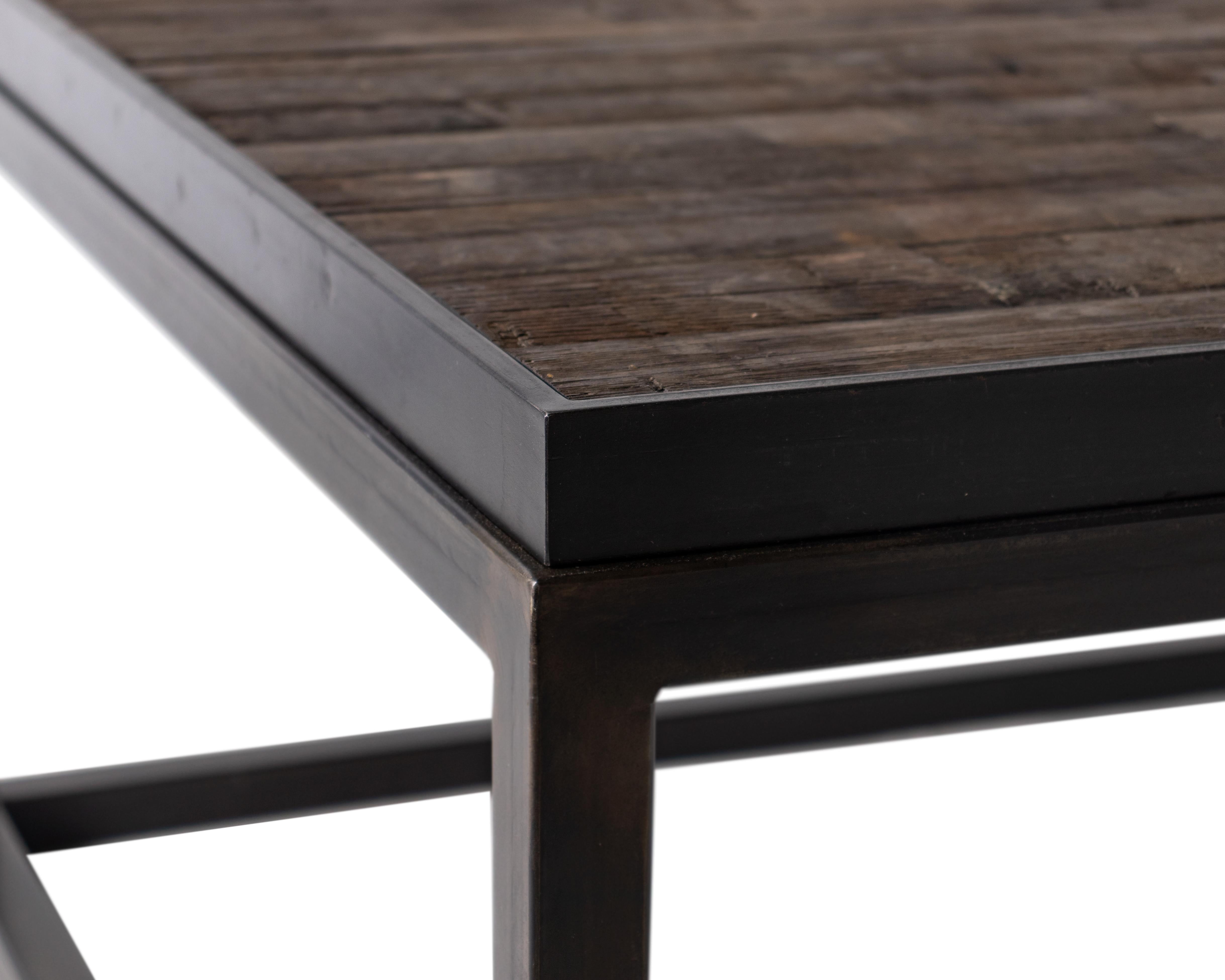 Contemporary Coffee Table with Top Crafted from Reclaimed Oak and Ebony Patina Steel Base