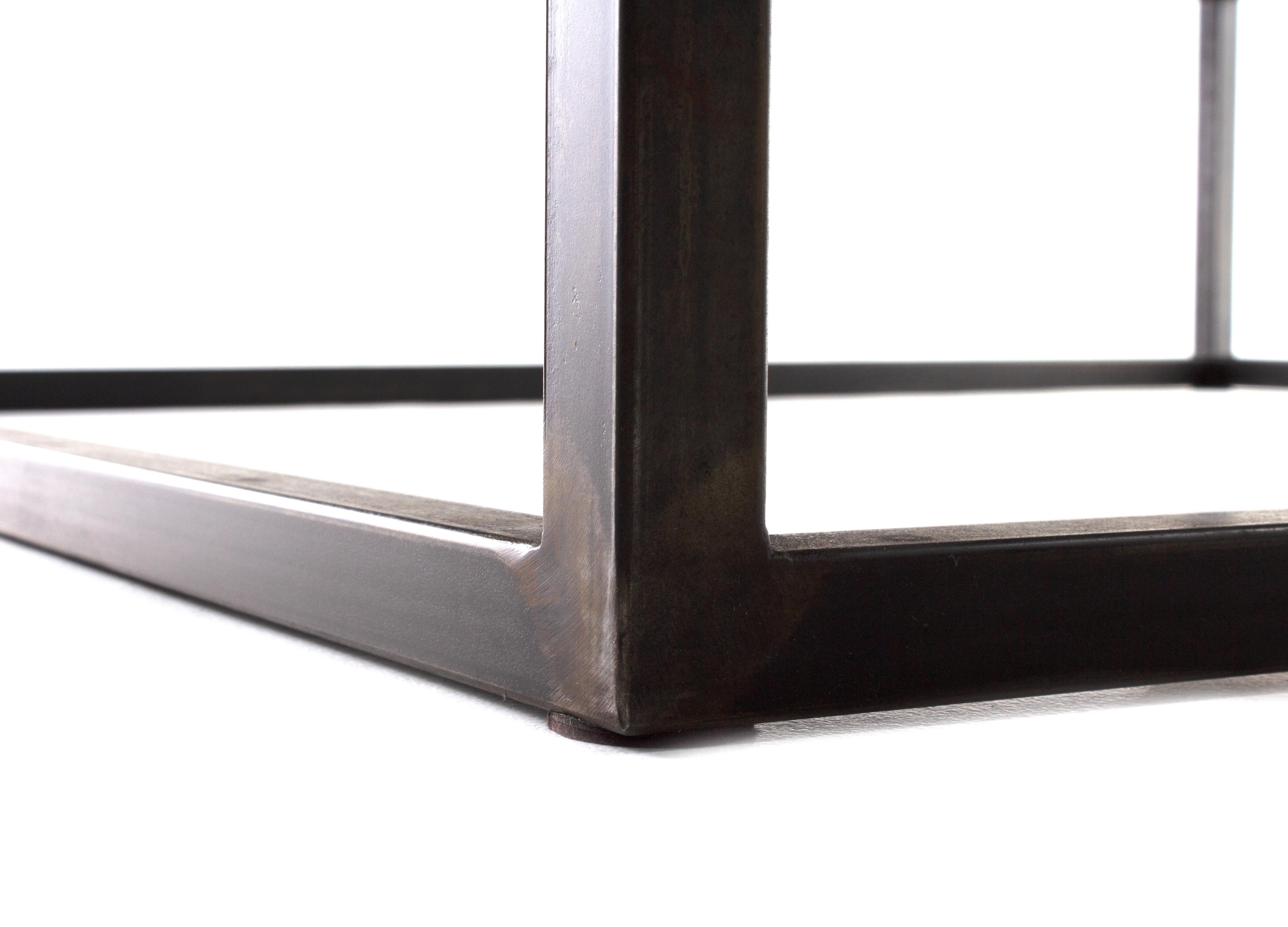 Contemporary Coffee Table with Top Crafted from Reclaimed Oak and Ebony Patina Steel Base