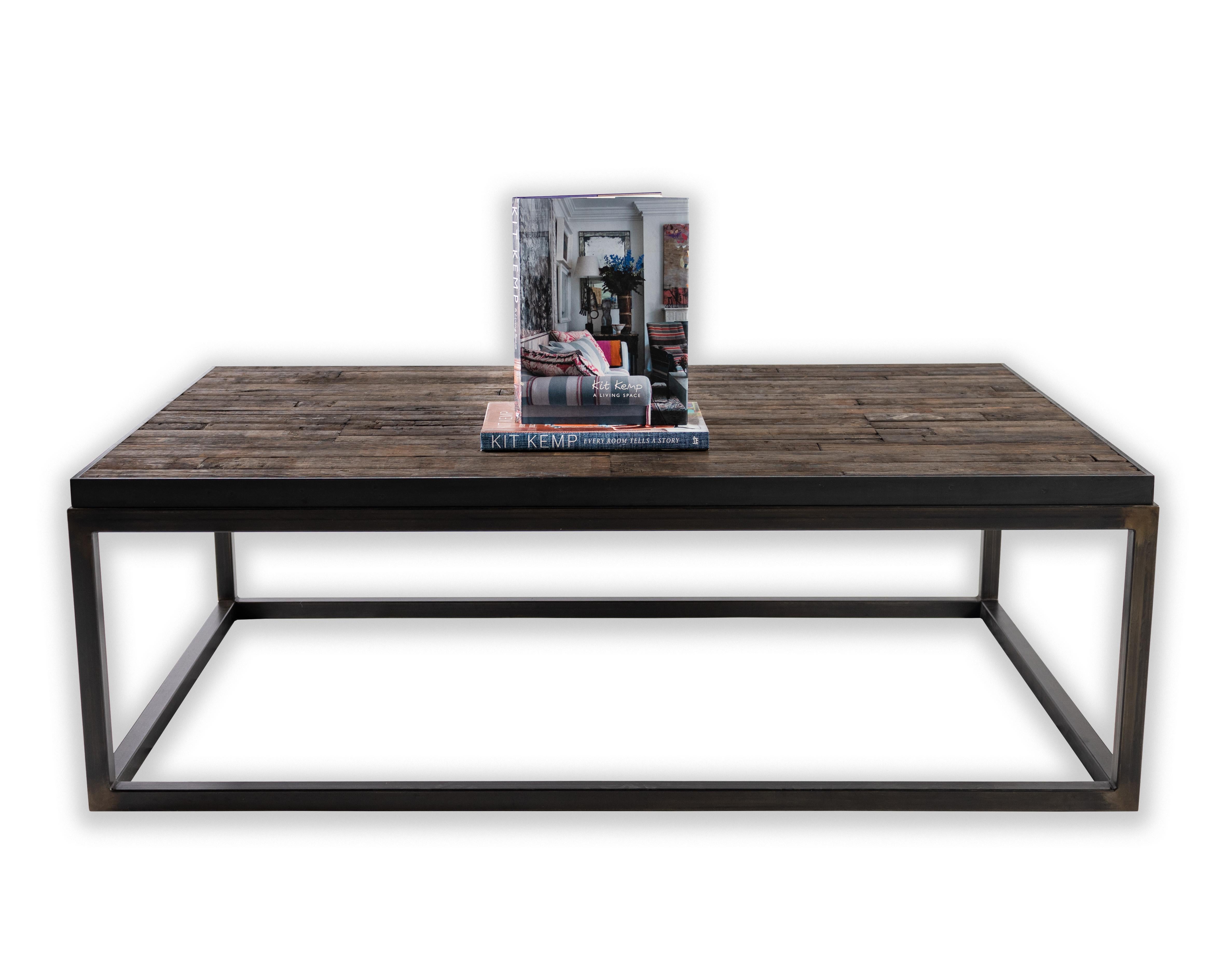 Wood Coffee Table with Top Crafted from Reclaimed Oak and Ebony Patina Steel Base