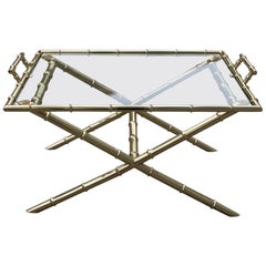 Vintage Coffee Table with Tray in Bamboo Cane Gilded Brass Design, 1970, Maison Jansen