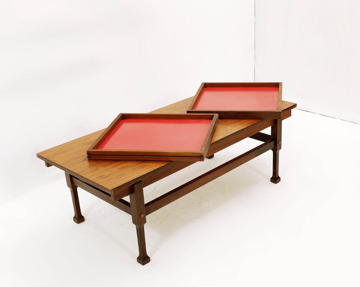 Wood Coffee Table with Trays Tops, Italian 60s