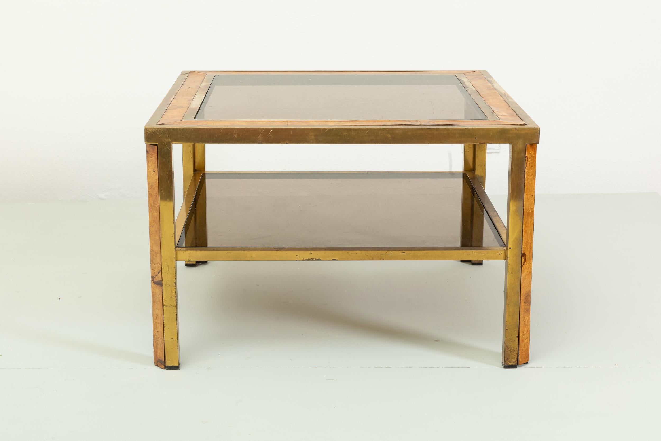 Italian Coffee table with two brass shelves and briarwood details, smoked glass tops. 