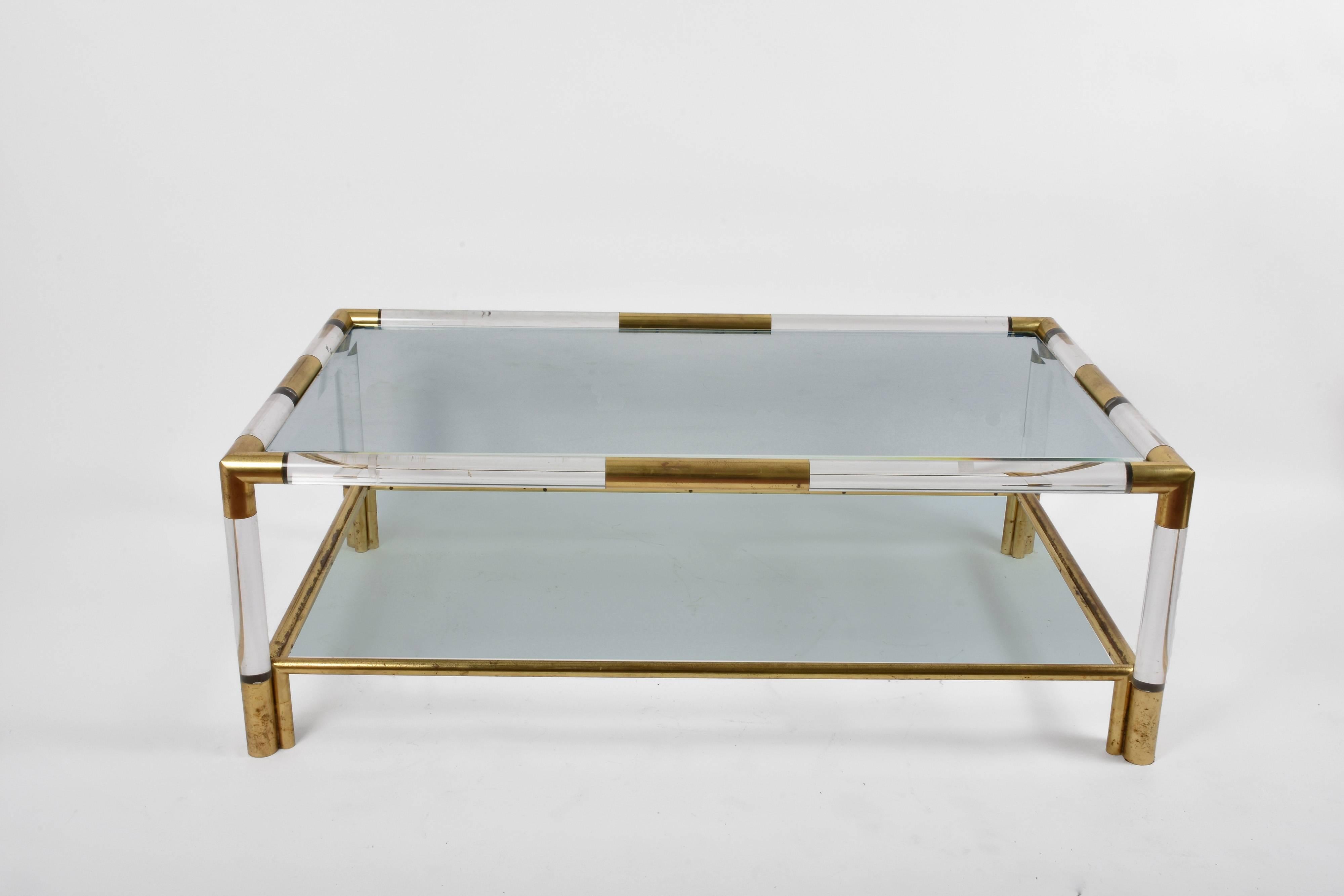 Mid-Century Modern Coffee Table with Two Vintage Shelves in Lucite and Brass, Italy, 1970s
